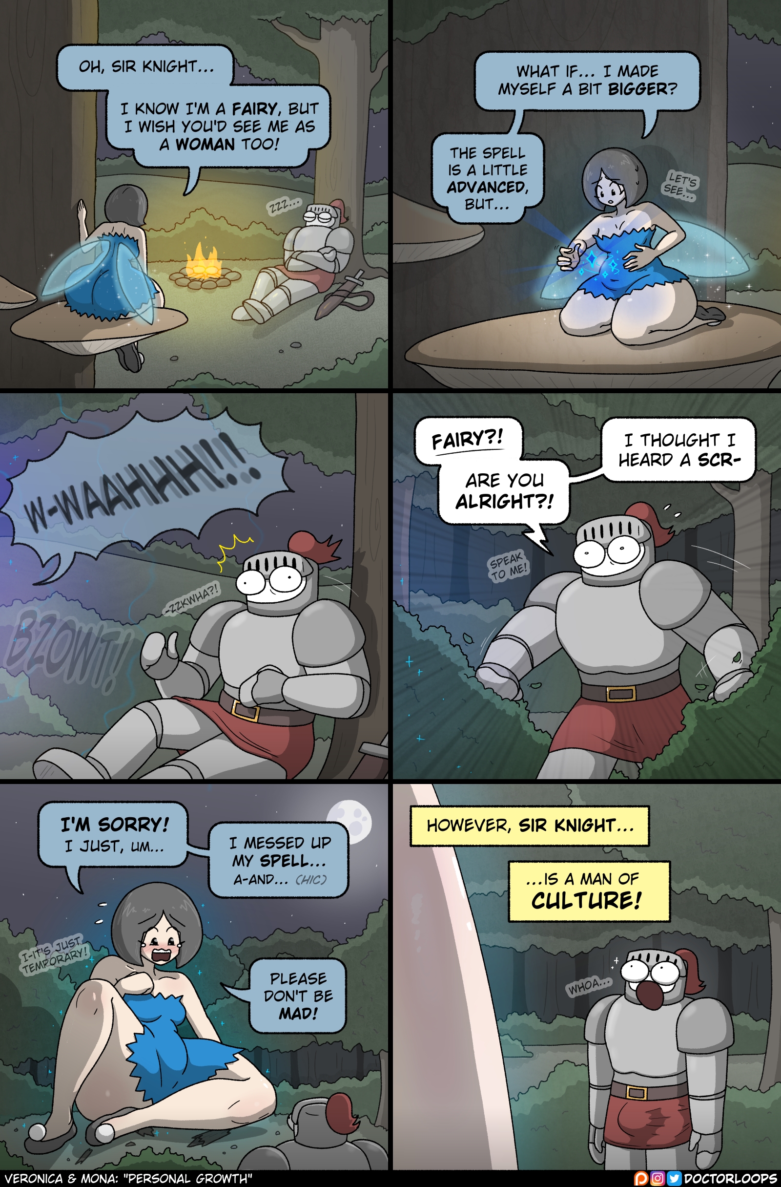 accident, ass, big ass, big butt, big butt (female), doctorloops, erection, erection under clothes, fairy, fairy wings, female, giantess, giantess growth, hips, huge ass, huge butt, human, human male, knight, knight armor, mona (doctorloops), thick thighs, thighs, veronica and mona, wide hips