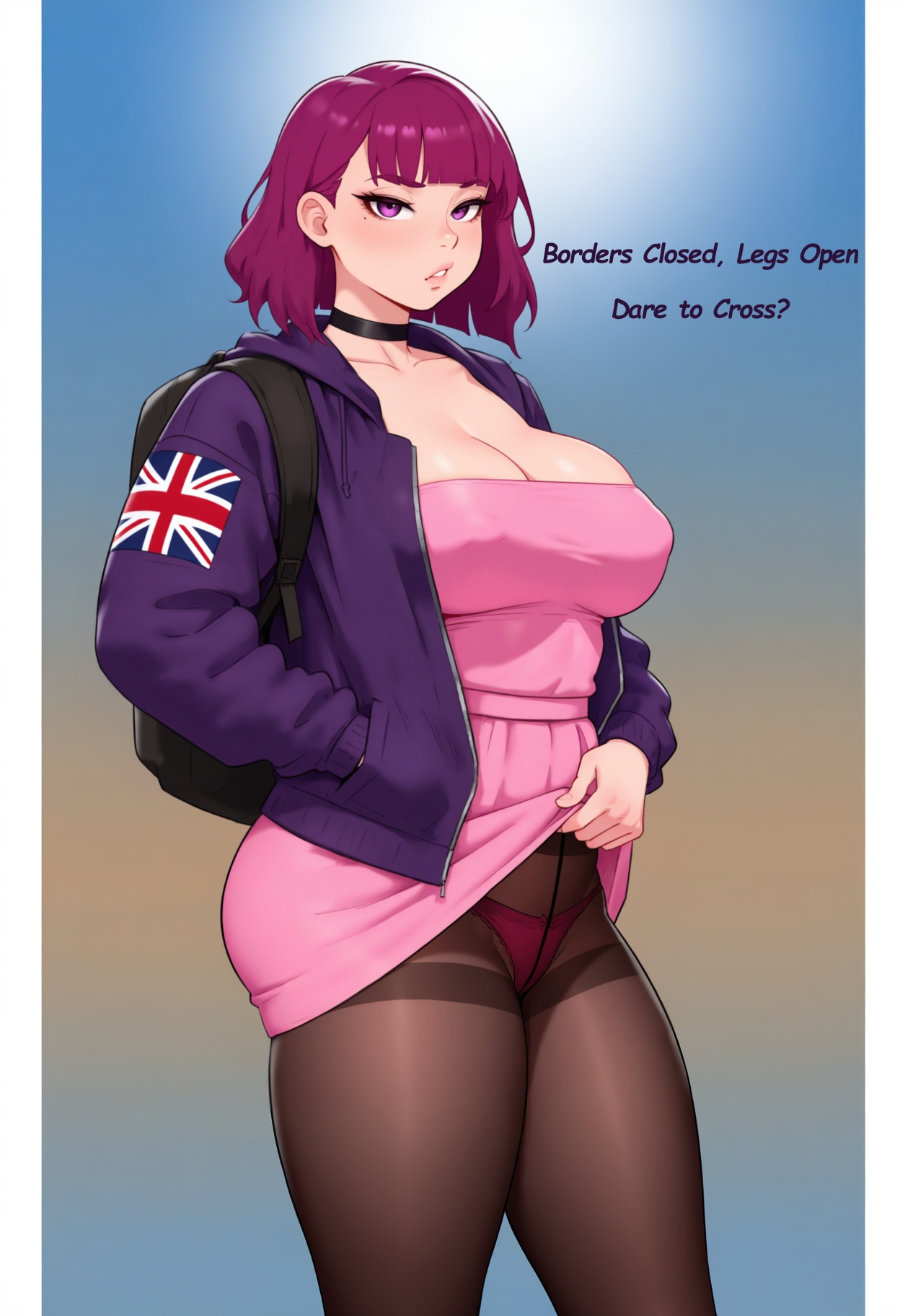 1girls, 2d, ai generated, alt girl, amelia (pathways), big ass, big breasts, british, british female, choker, clothed, clothed female, curvy figure, diohm, english text, female, female only, goth girl, lifted dress, light-skinned female, lips, looking at viewer, pale-skinned female, panties under pantyhose, pantyhose, pathways (game), presenting panties, purple hair, racist woman, self upload, short hair, solo, solo female, solo focus, text, voluptuous, voluptuous female