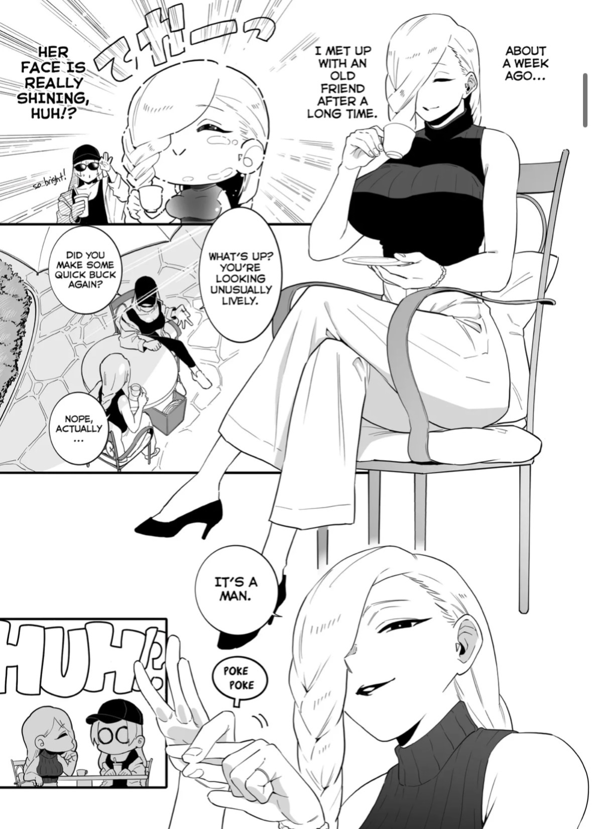 blonde female, comic, comic page, comic panel, content smile, curvy figure, flashback, happy, heels, jujutsu kaisen, mei mei (jujutsu kaisen), sfw, white hair, wholesome, yuki tsukumo