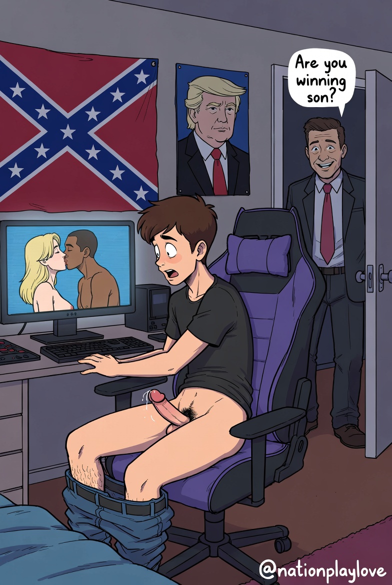 1girls, 3boys, ai generated, are ya winning son, bedroom, blonde hair, caught masturbating, computer, confederate flag, cuckold, dark skin, dark-skinned male, donald trump, english dialogue, english text, erection, female, gamer chair, interracial, kissing, light skin, light-skinned female, light-skinned male, male, masculine, masturbation, nationplaylove, pants down, penis, speech bubble, suit, suit and tie, watching porn