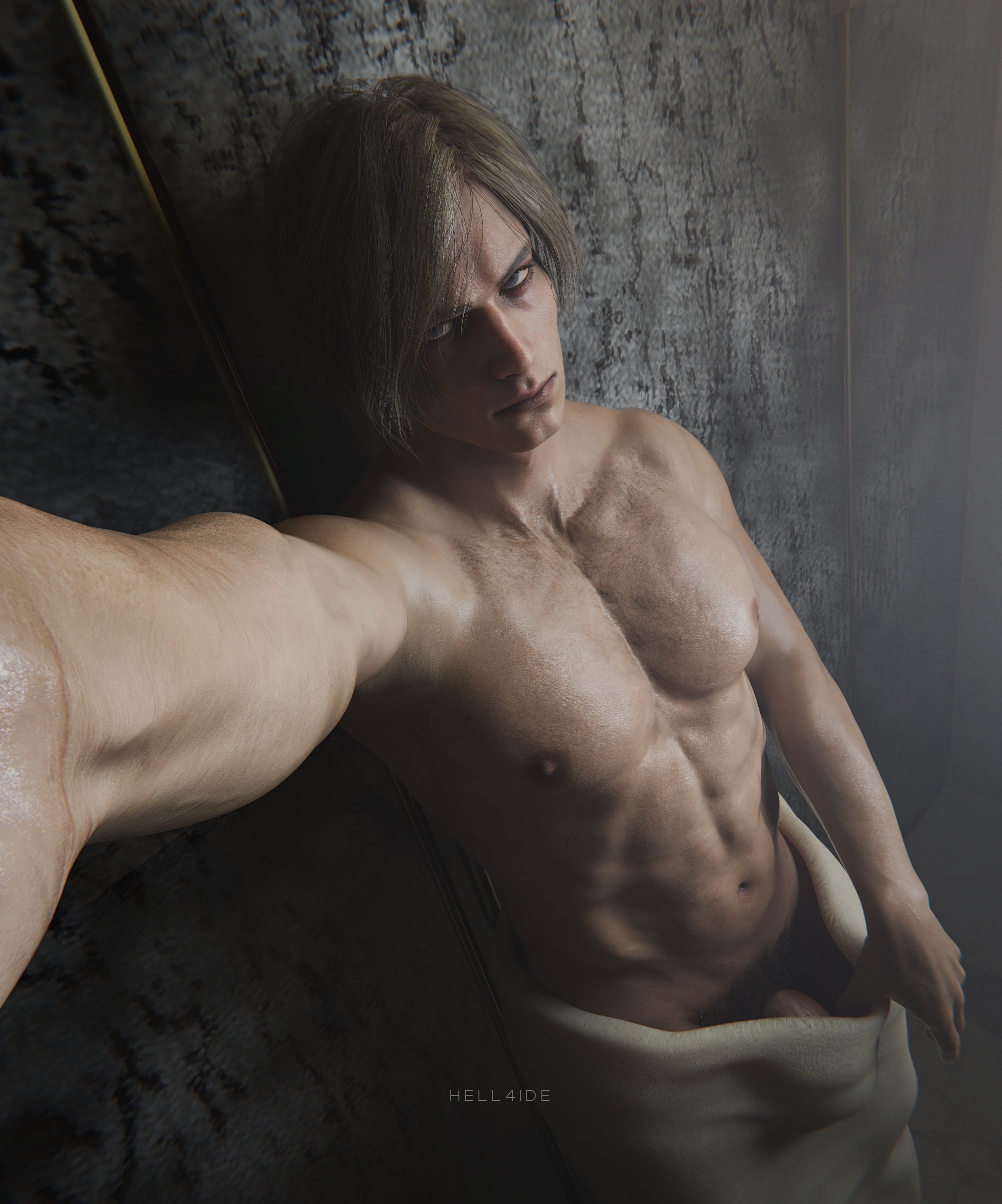 1boy, 3d, abs, artist name, gay, hell4ide, leon scott kennedy, looking at viewer, male, male focus, male only, muscular, muscular chest, muscular male, navel, nipples, pecs, penis, penis peek, pubic hair, resident evil, solo, solo male, text, towel