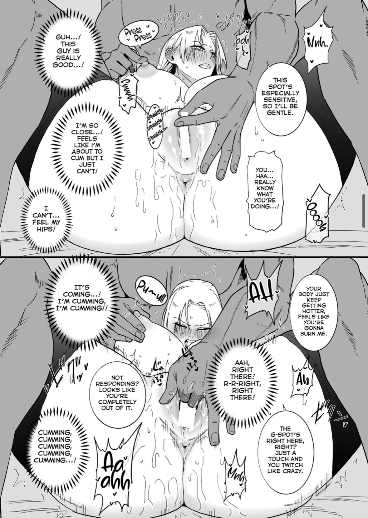 big breasts, breast grab, breasts out, comic, comic page, comic panel, fingering, moaning in pleasure, muscular male, nipple play, pussy, stockings, unnamed character, weird pose, yelling, yuki tsukumo