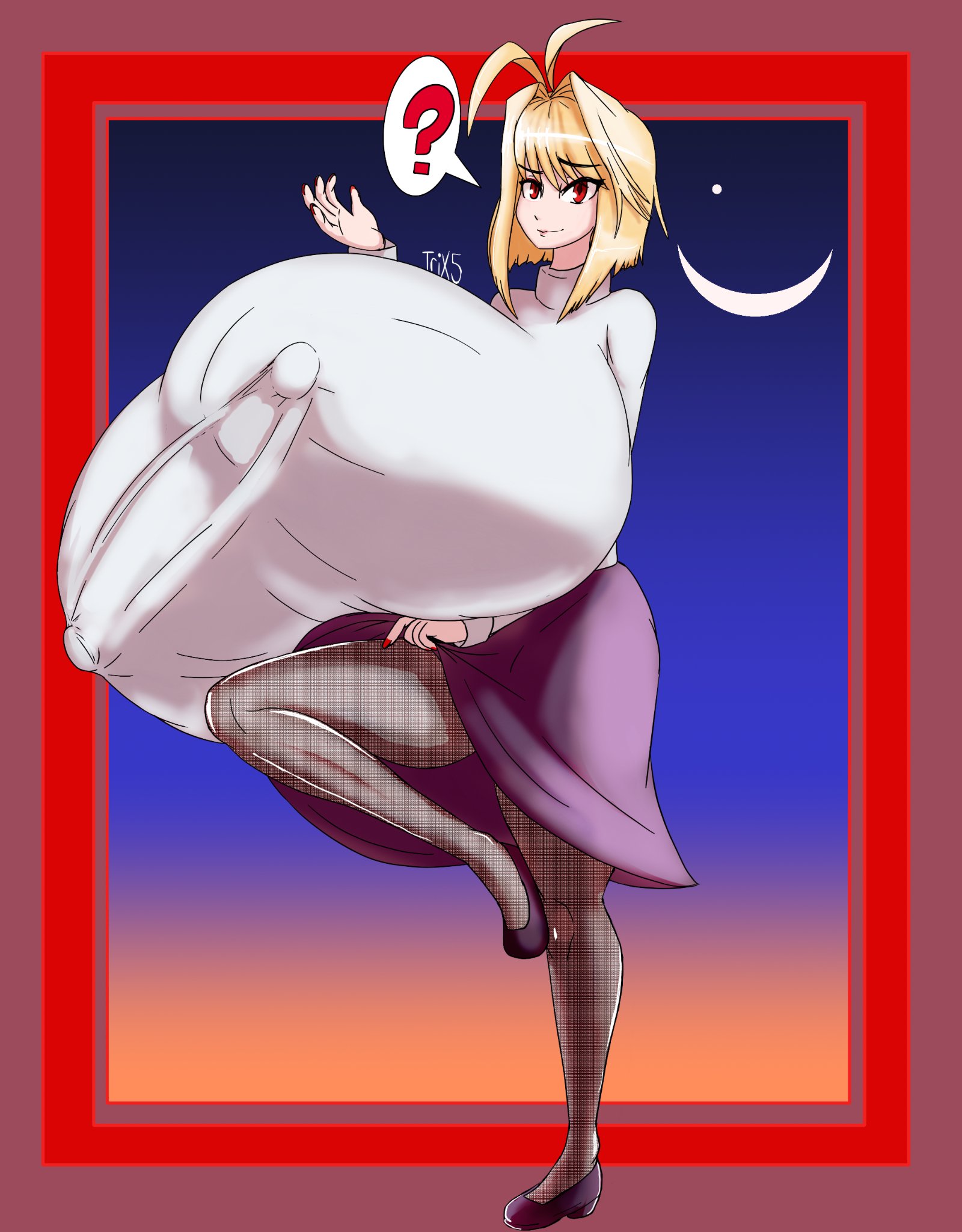 1girls, arcueid brunestud, big breasts, blonde hair, breast expansion, breasts, breasts bigger than torso, enormous breasts, erect nipples, expansion, female, gigantic breasts, ginormous breasts, hair intakes, huge boobs, hyper, hyper breasts, large boobs, large breasts, melty blood arcueid figure (meme), meme, nipple bulge, pantyhose, reiuzoniumx5, short hair, sidelocks, skirt, solo female, standing on one leg, sweater, top heavy, tri x5, trix5, tsukihime, turtleneck sweater, white sweater