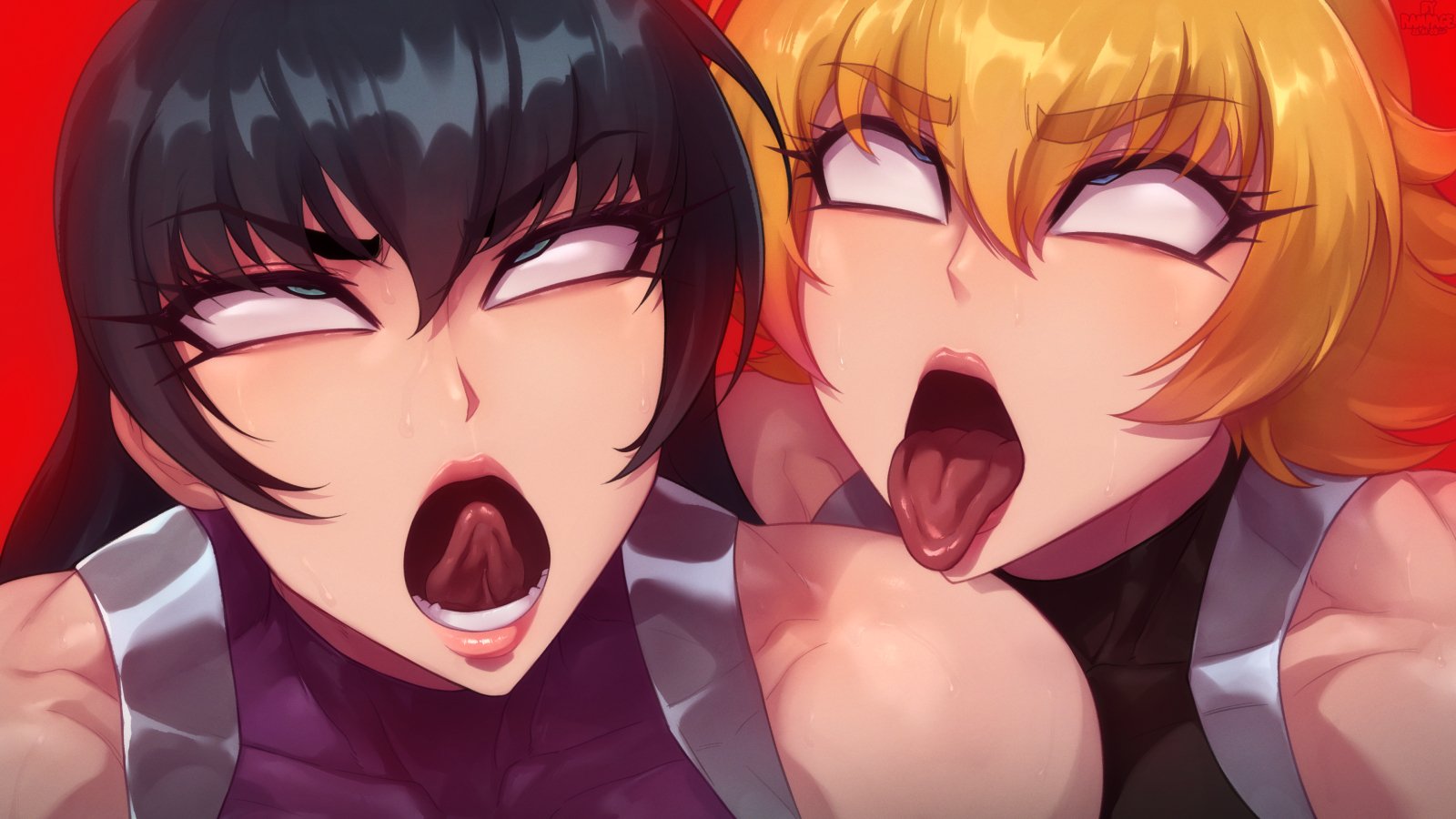 2d, 2girls, ahe gao, alternate version available, black hair, eyeliner, female, female only, human, igawa asagi, igawa sakura, light skin, light-skinned female, lilith-soft, lipstick, long hair, makeup, open mouth, rampage0118, red lipstick, rolling eyes, shiny, shiny skin, short hair, simple background, tagme, taimanin (series), taimanin asagi, tongue out