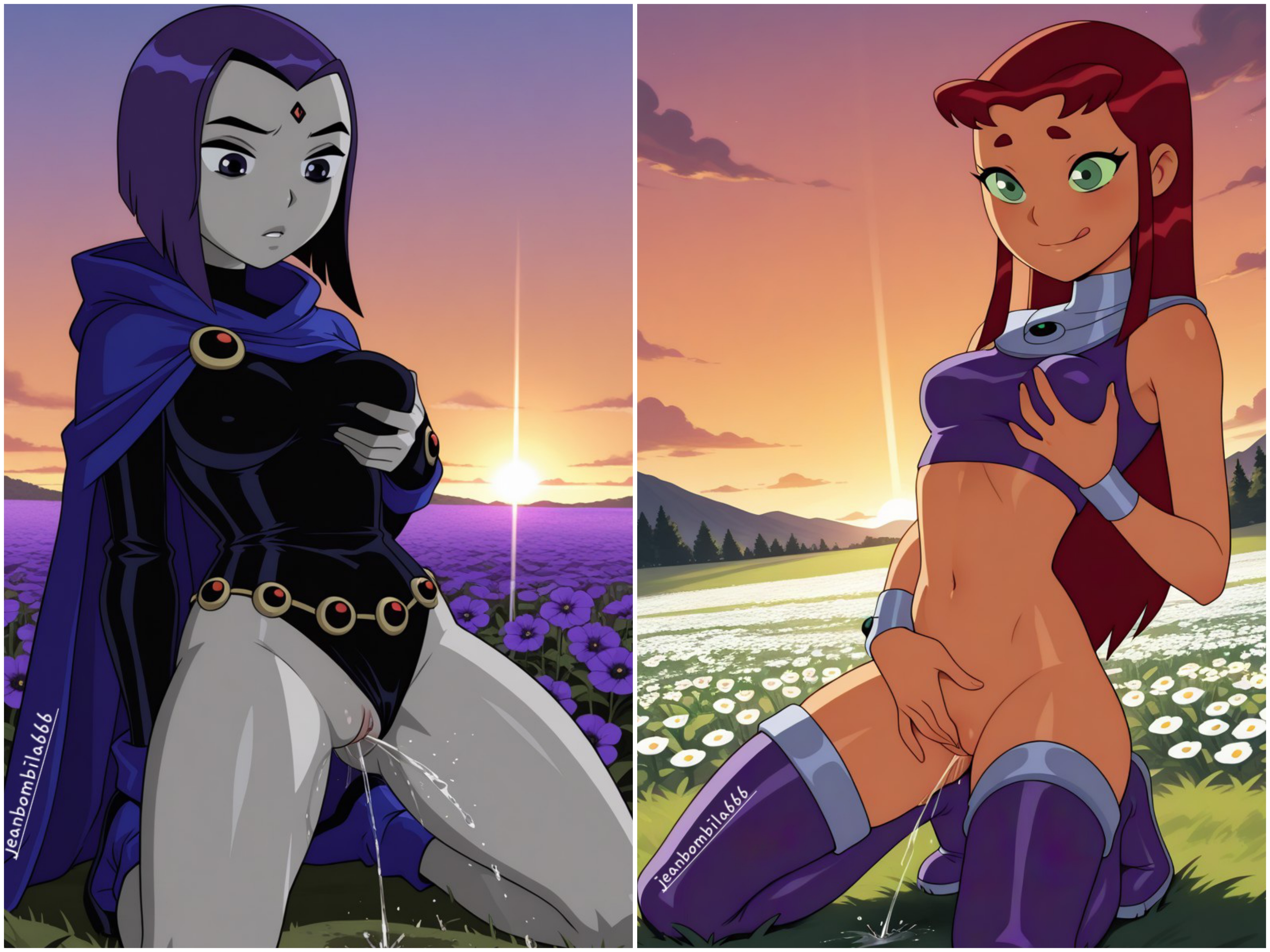 ai generated, breasts, cartoon network, dc, dc comics, goth, goth girl, gothic, jeanbombila666, masturbation, nipples, pussy, pussy juice, raven (dc), raven teen titans, small breasts, starfire, starfire (teen titans), teen titans, teenage girl, teenager