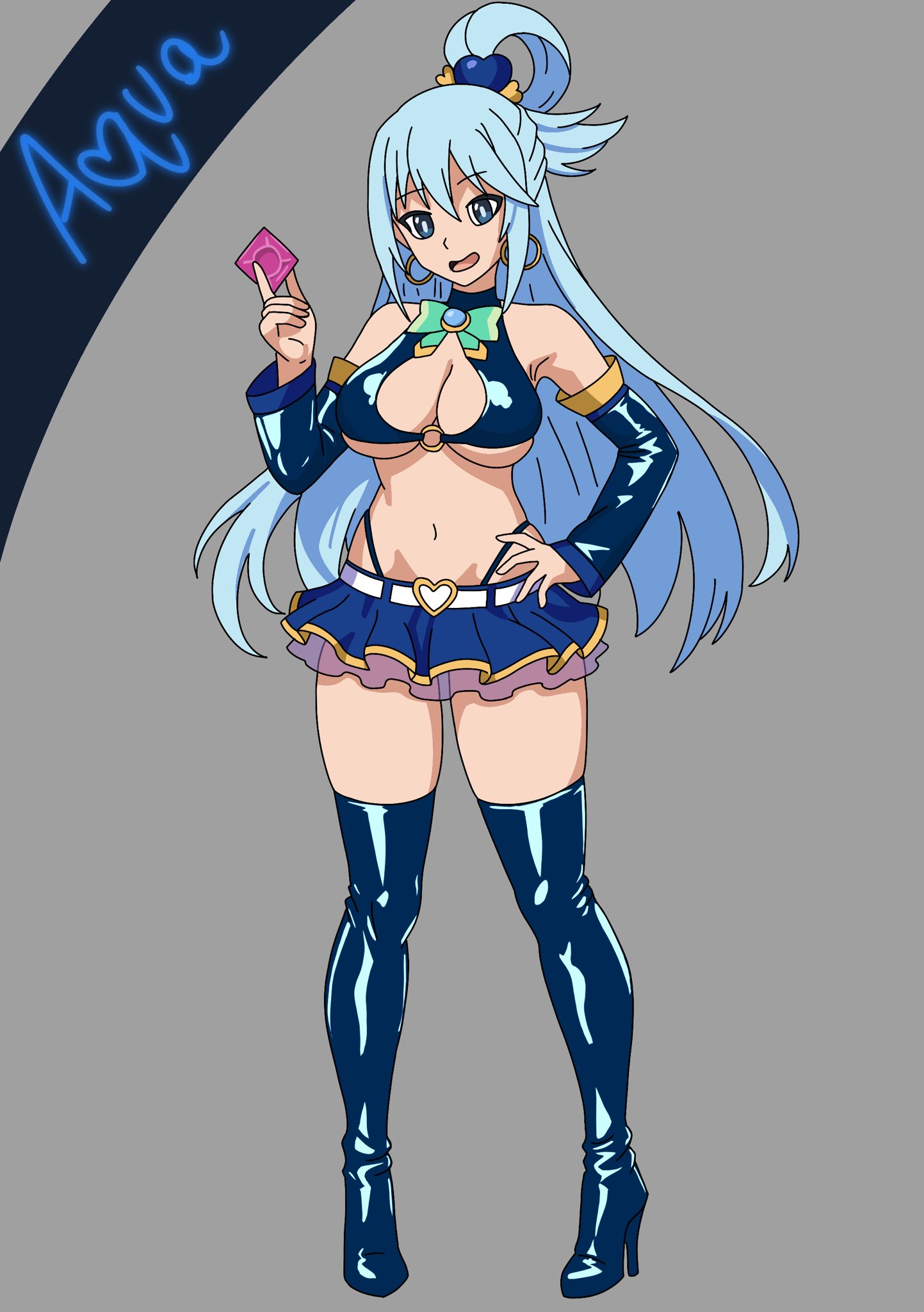 1girls, 2025, aqua (konosuba), armwear, bare shoulders, blue eyes, blue hair, condom, condom wrapper, earrings, female, female only, hi res, high heel boots, high heels, kono subarashii sekai ni shukufuku wo!, legwear, miniskirt, pleated skirt, skirt, solo, solo female, swisschocoart, thong straps