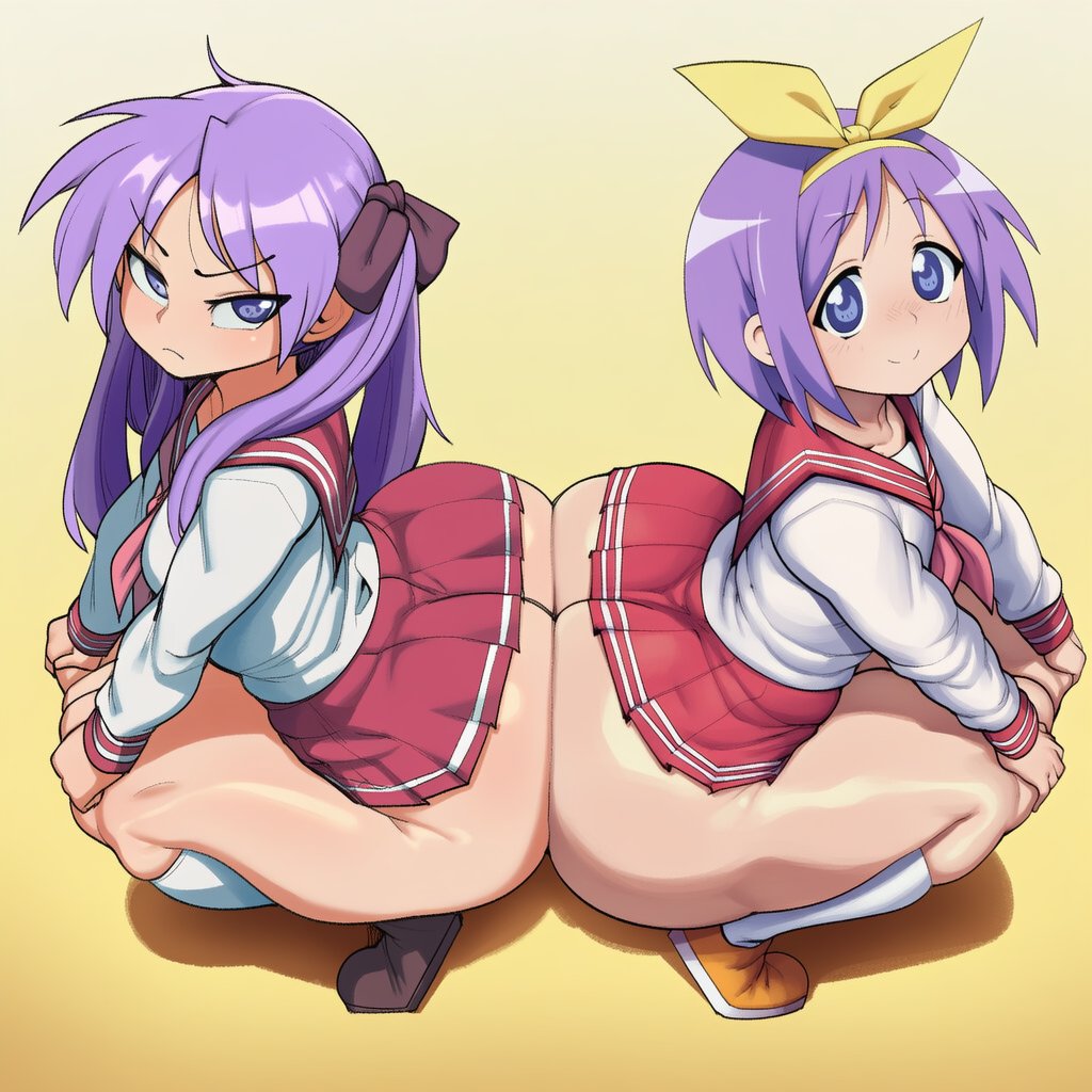 2girls, ai art, ai generated, annoyed, annoyed expression, ass to ass, ass touch, blue eyes, butt to butt, butt touch, curvaceous, curvaceous female, curvaceous figure, curves, curvy, curvy body, curvy female, curvy figure, curvy hips, embarrassed, embarrassed female, female only, goghkunn, hands on knees, hands on legs, hands on thighs, kagami hiiragi, long hair, lucky star, purple hair, school uniform, schoolgirl, schoolgirl uniform, short hair, sisters, smile, smiley face, smiling, squatting, tagme, thick, thick ass, thick hips, thick legs, thick thighs, thighhighs, thighs, tsukasa hiiragi, twin sisters, voluptuous, voluptuous body, voluptuous female, wide ass, wide hips, wide thighs