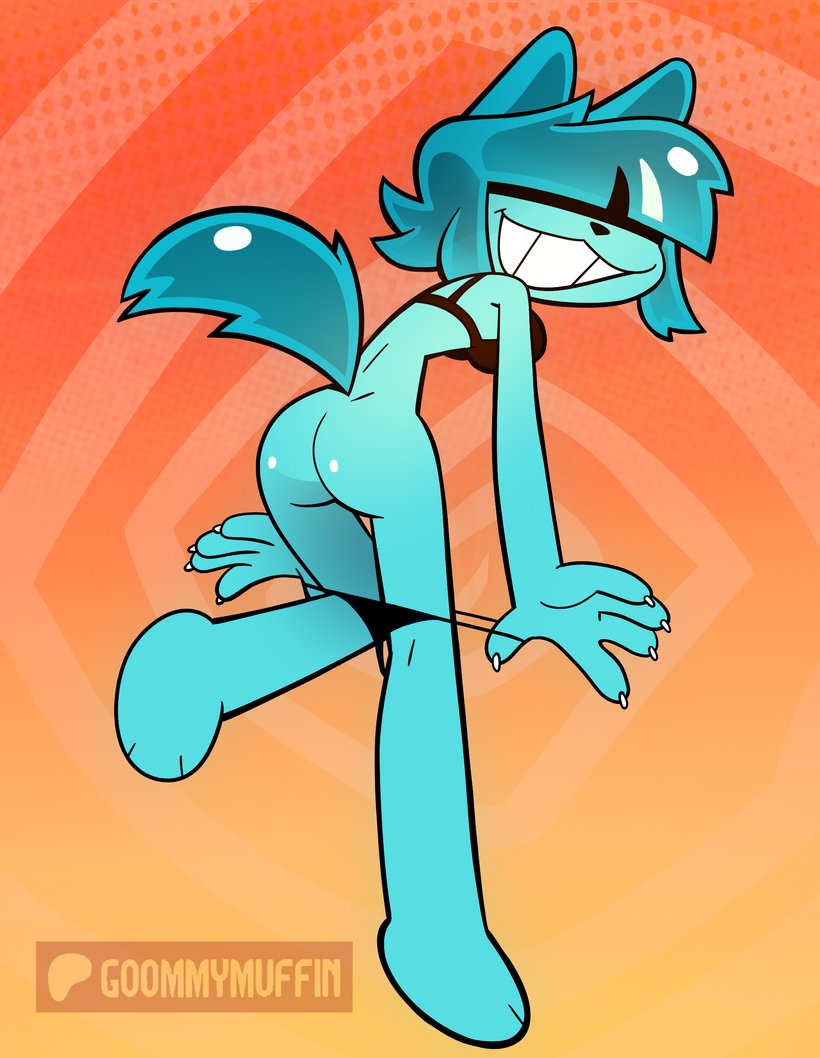 anthro, anthro female, ass, ass focus, blue fur, butt, butt focus, furry, furry female, goommy (goommymuffin), goommymuffin, goommymuffin (artist), looking at viewer, looking back, looking back at viewer, official art, panties, panties down, presenting, presenting hindquarters, pulling down pants, submissive female