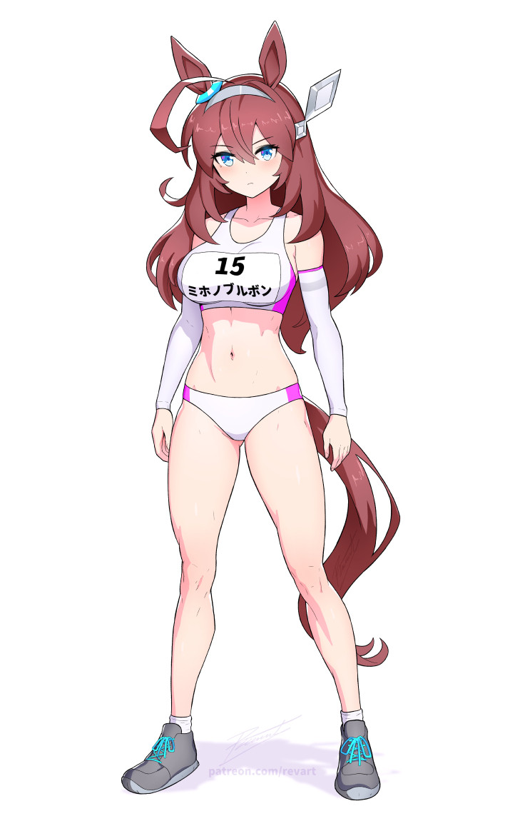 1girls, big breasts, breasts, brown hair, compression sleeve, female, horse ears, horse girl, horse tail, large breasts, long hair, looking at viewer, mihono bourbon (umamusume), revenantart, sleeves, solo, sports bra, toned, track uniform, umamusume, umamusume pretty derby, white background