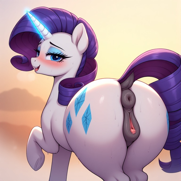 1girls, ai generated, anus, ass, ass focus, bedroom eyes, big ass, blush, breasts, clitoral winking, clitoris, crotchboobs, crotchboobs visible through thighs, cutie mark, equine, equine anus, equine genitalia, equine pussy, eyelashes, eyeshadow, female, female only, feral, friendship is magic, furryfarm, half-closed eyes, hasbro, hi res, horn, horse, looking at viewer, looking back, my little pony, nipples, non-human areolae, ponut, pony, presenting, presenting hindquarters, presenting pussy, purple hair, purple tail, pussy, pussy juice, pussy juice trail, quadruped, rarity (mlp), rear view, smile, solo, tail, thick thighs, unicorn, white body, white fur