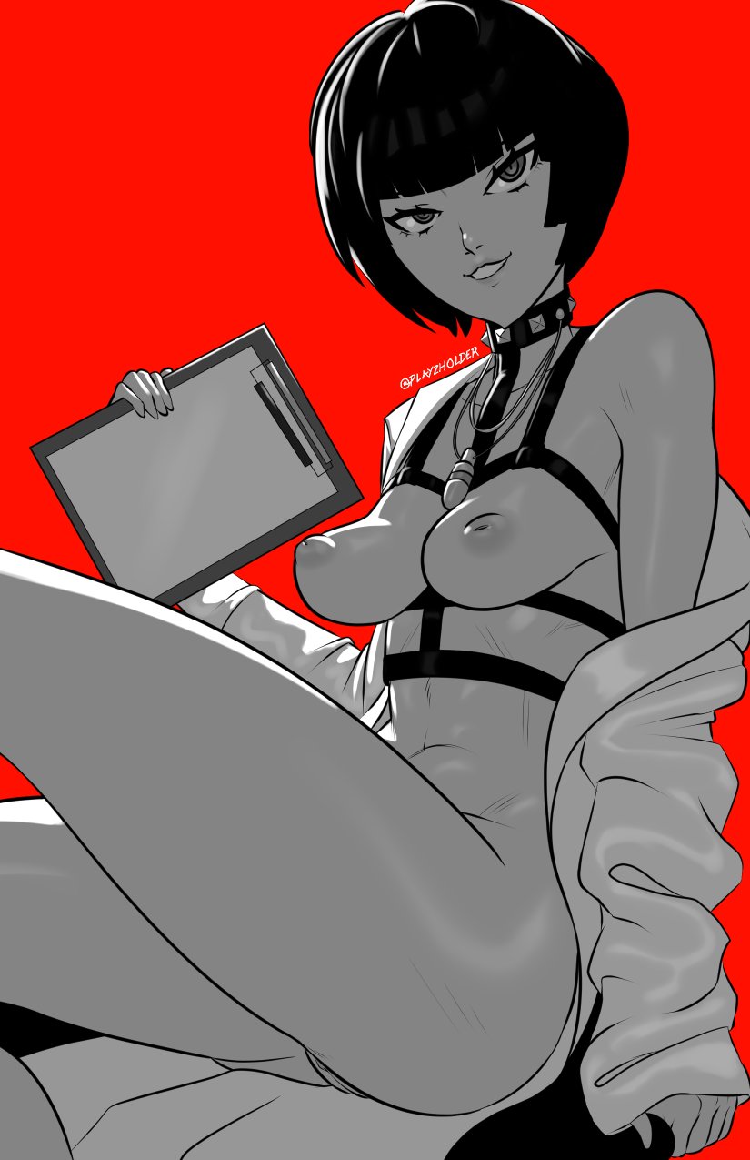 1girls, areola, areolae, artist name, artist signature, banana breasts, breasts, choker, doctor, female, female only, functionally nude, goth, harness, inverted nipples, looking away, megami tensei, mostly nude, nipples, persona, persona 5, playzholder, pussy, pussy peek, sagging breasts, short hair, solo, tae takemi, thighs, video games, watermark