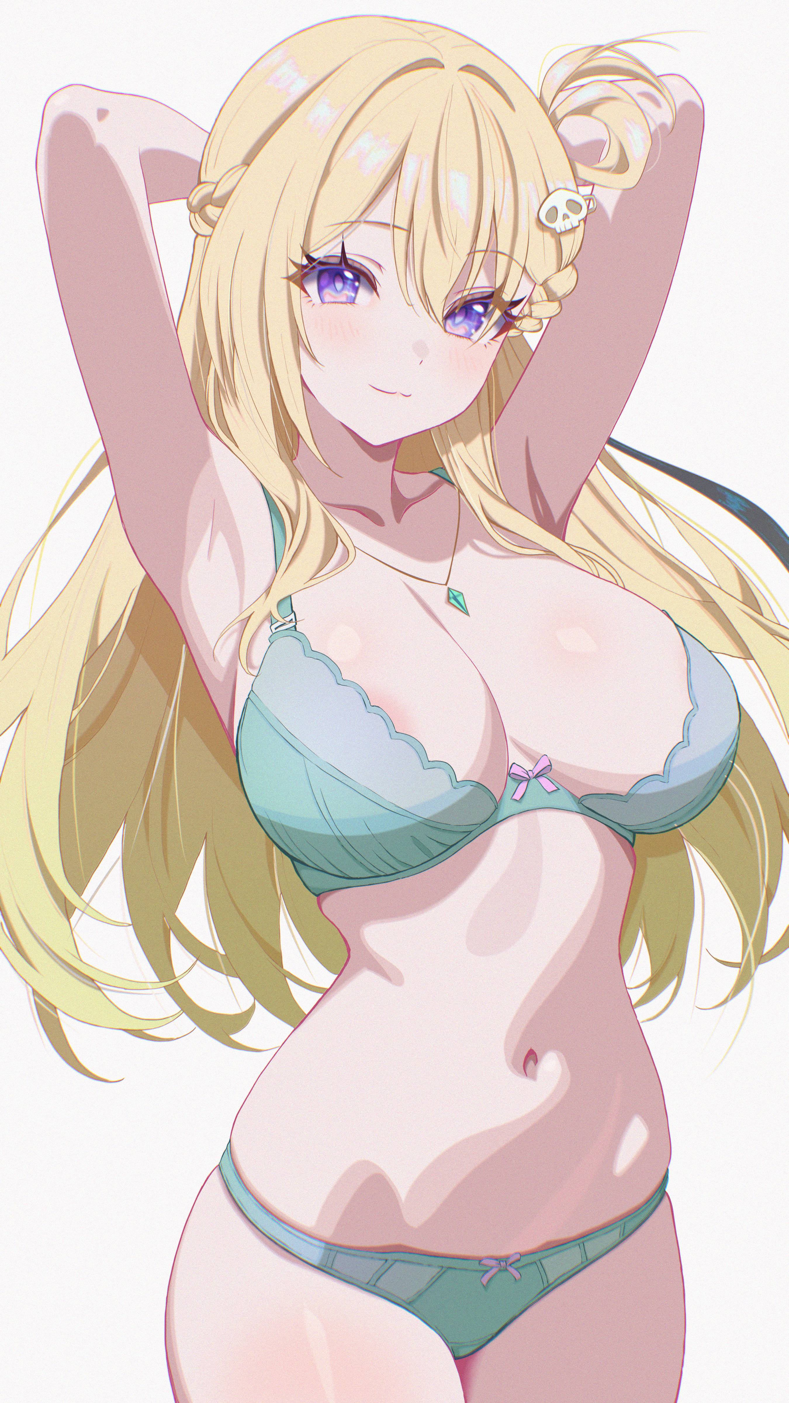 1girl, 1girls, areola slip, areolae slip, armpits, arms behind head, arms up, bangs, bare arms, blonde, blonde female, blonde hair, blonde hair female, blonde-haired female, blue eyes, blue eyes female, blue-eyed female, blush, bow, bra, braid, breasts, cleavage, closed mouth, collarbone, cowboy shot, female, female only, green bra, green panties, hair between eyes, hair ornament, huge breasts, jewelry, large breasts, long hair, looking at viewer, lynae (wuthering waves), navel, necklace, neurotic neko, panties, purple eyes, simple background, smile, sole female, solo, stomach, thick thighs, underwear, underwear only, white background, wuthering waves