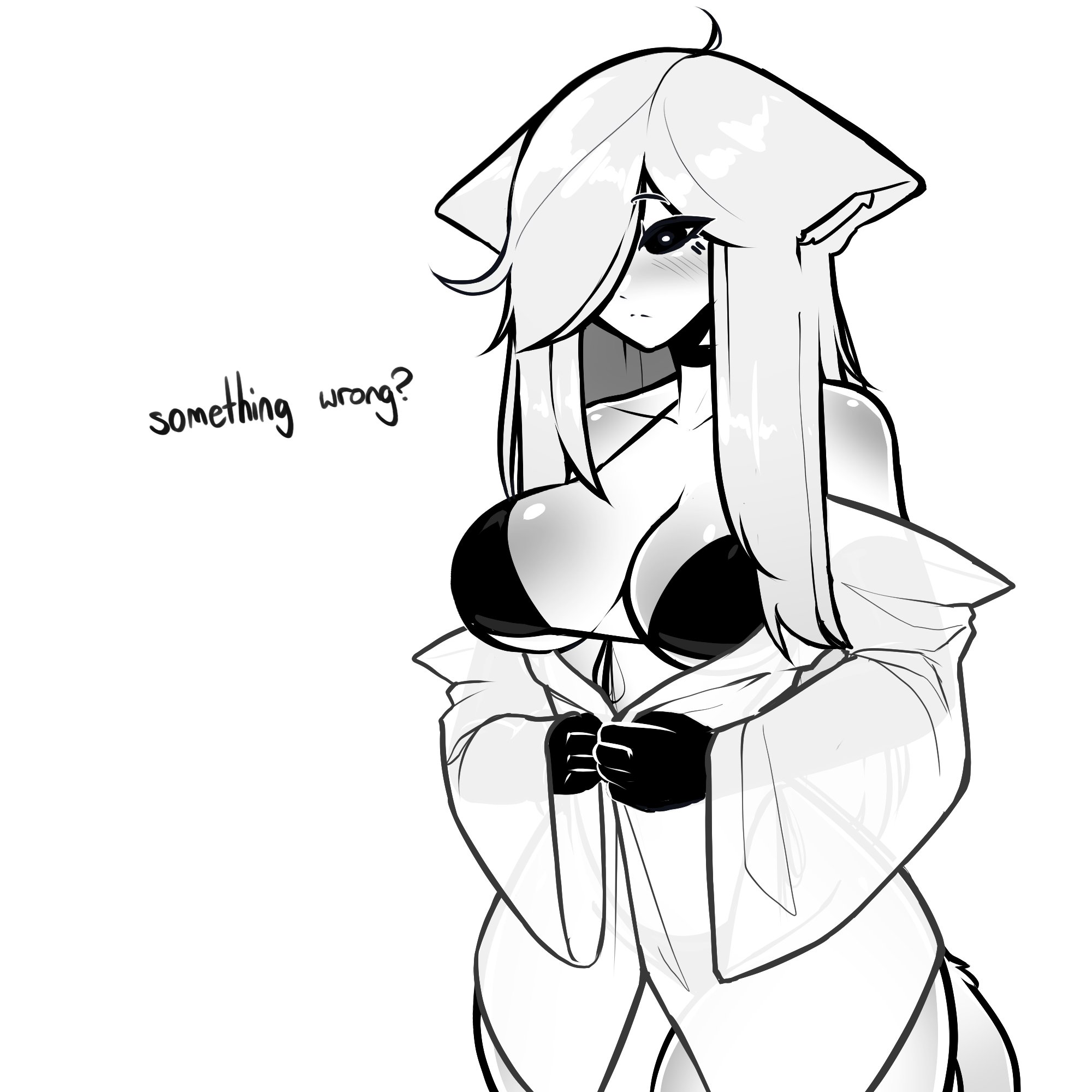 1girls, 2025, ahoge, animal ears, black bra, black eyes, black panties, blush, bra, breasts, button down shirt, cleavage, elbow gloves, english text, facial markings, gloves, hair over one eye, highleg panties, large breasts, long hair, oc, original, original character, panties, shirt, tagme, tail, tekona, text, thighhighs, white hair
