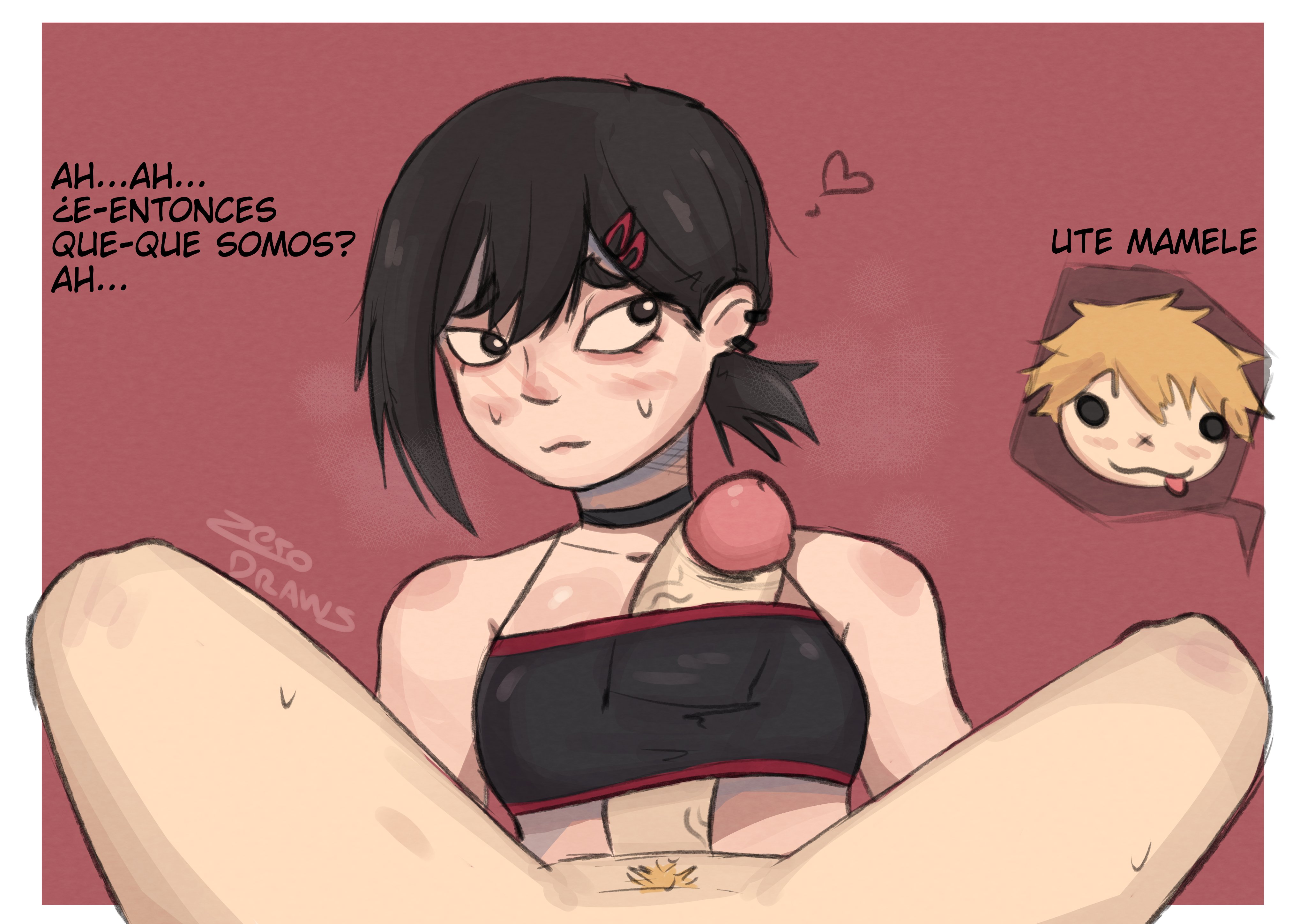 1boy, 1boy1girl, 1girls, 2023, 2d, 2d (artwork), artist name, black hair, black hair female, black-haired female, blush, blush lines, chainsaw man, denji (chainsaw man), dialogue, ear piercings, hairpins, heart, higashiyama kobeni, light pubic hair, male pubic hair, naizuri, paizuri, penis, penis between breasts, penis vein, pierced ear, ponytail, pov, pubic hair, spanish text, straight, tagme, titjob, tongue out, zero dead zone