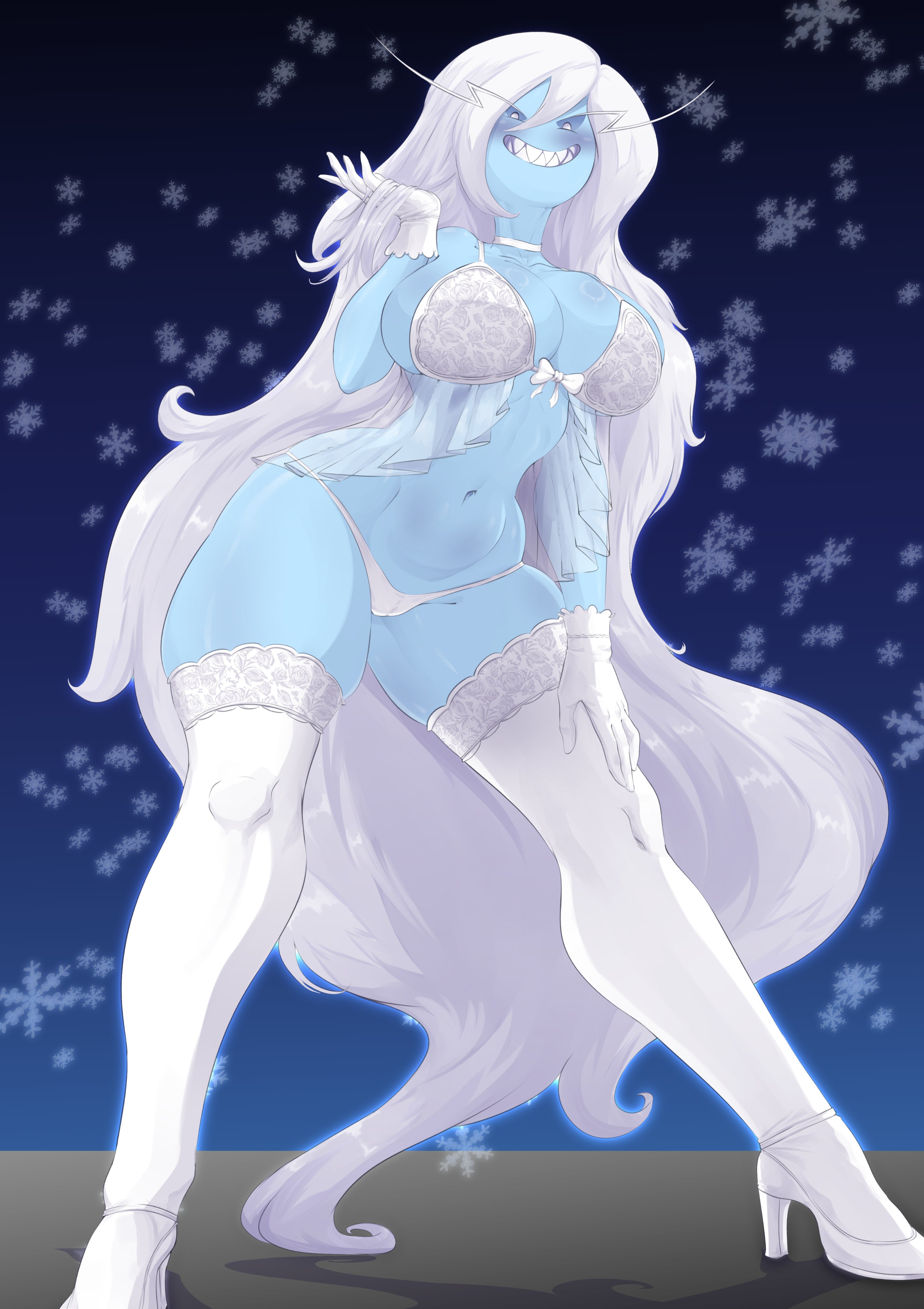1girls, 2d, adventure time, big breasts, blue skin, blue-skinned female, bra, color, dragmarok, female, female only, full color, gloves, grin, grinning, high heels, huge breasts, ice queen (adventure time), large breasts, lingerie, long hair, non-nude, panties, sharp teeth, snow, solo, solo female, solo focus, stockings, thick thighs, very long hair, white hair