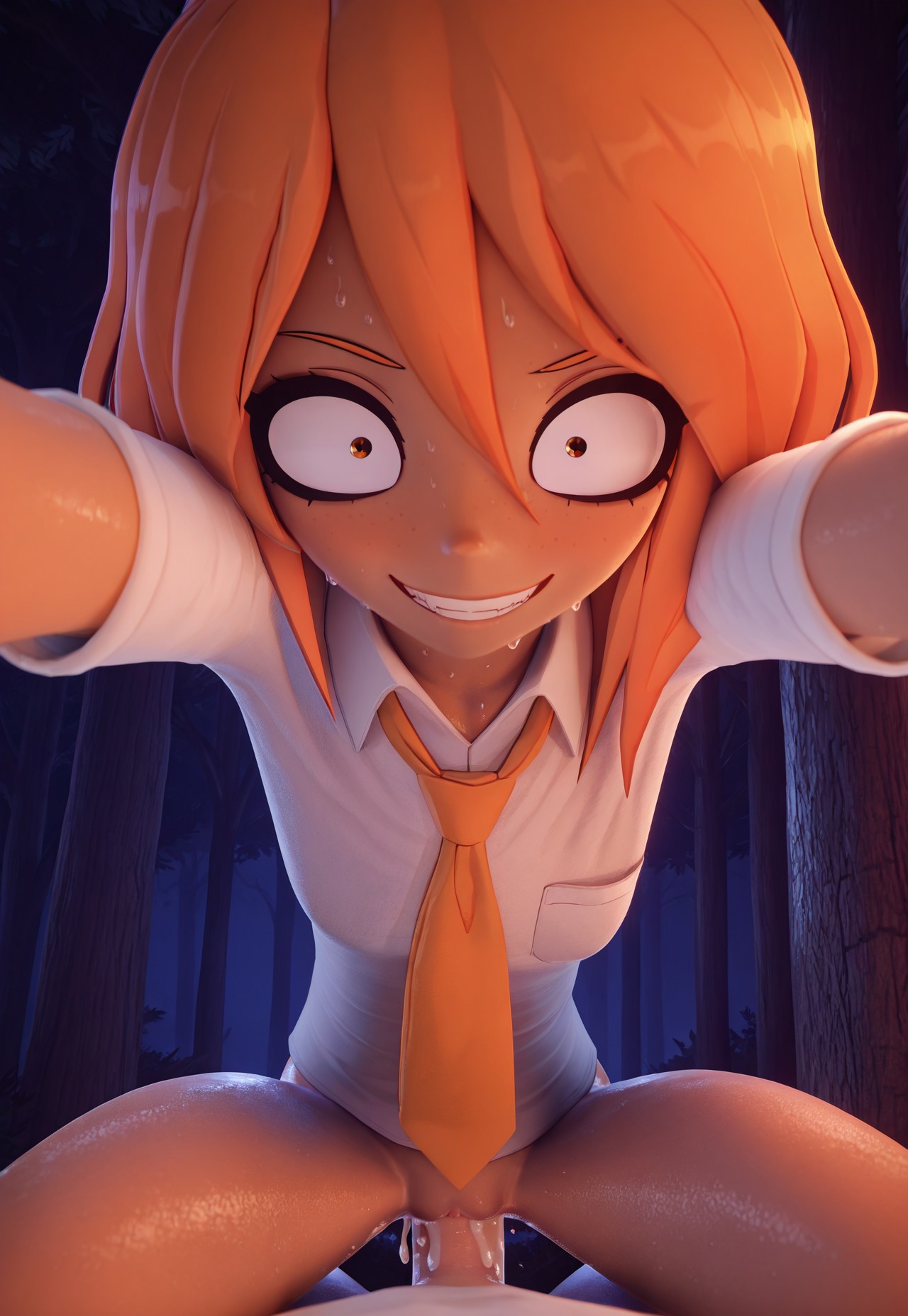 1girls, 3d, ai generated, bottomless, bottomless female, brown eyes, color, cowgirl position, crazed expression, crazy eyes, crazy smile, cum, cum in pussy, cum inside, dyed hair, evil grin, female, female focus, forest background, freckles on face, full color, hands up, japanese female, looking at viewer, male, male pov, mymy schoppenboer, necktie, night, ongezellig, orange hair, outdoor sex, outdoors, partial male, pov, pov eye contact, pussy, riding, riding penis, sex, shiny skin, shirt, smile, straight, straight sex, sweat, sweating