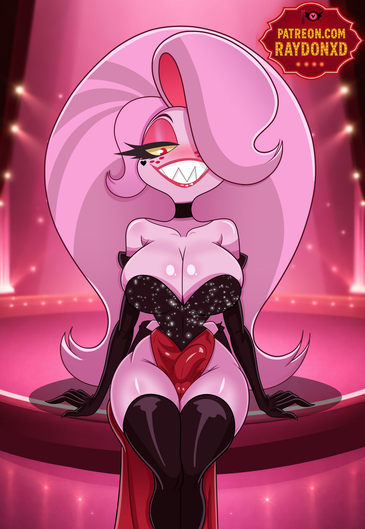1futa, angel dust (hazbin hotel), angel in drag (hazbin hotel), futanari, hazbin hotel, raydonxd, sexy, smiling, tagme, thick thighs, wide hips