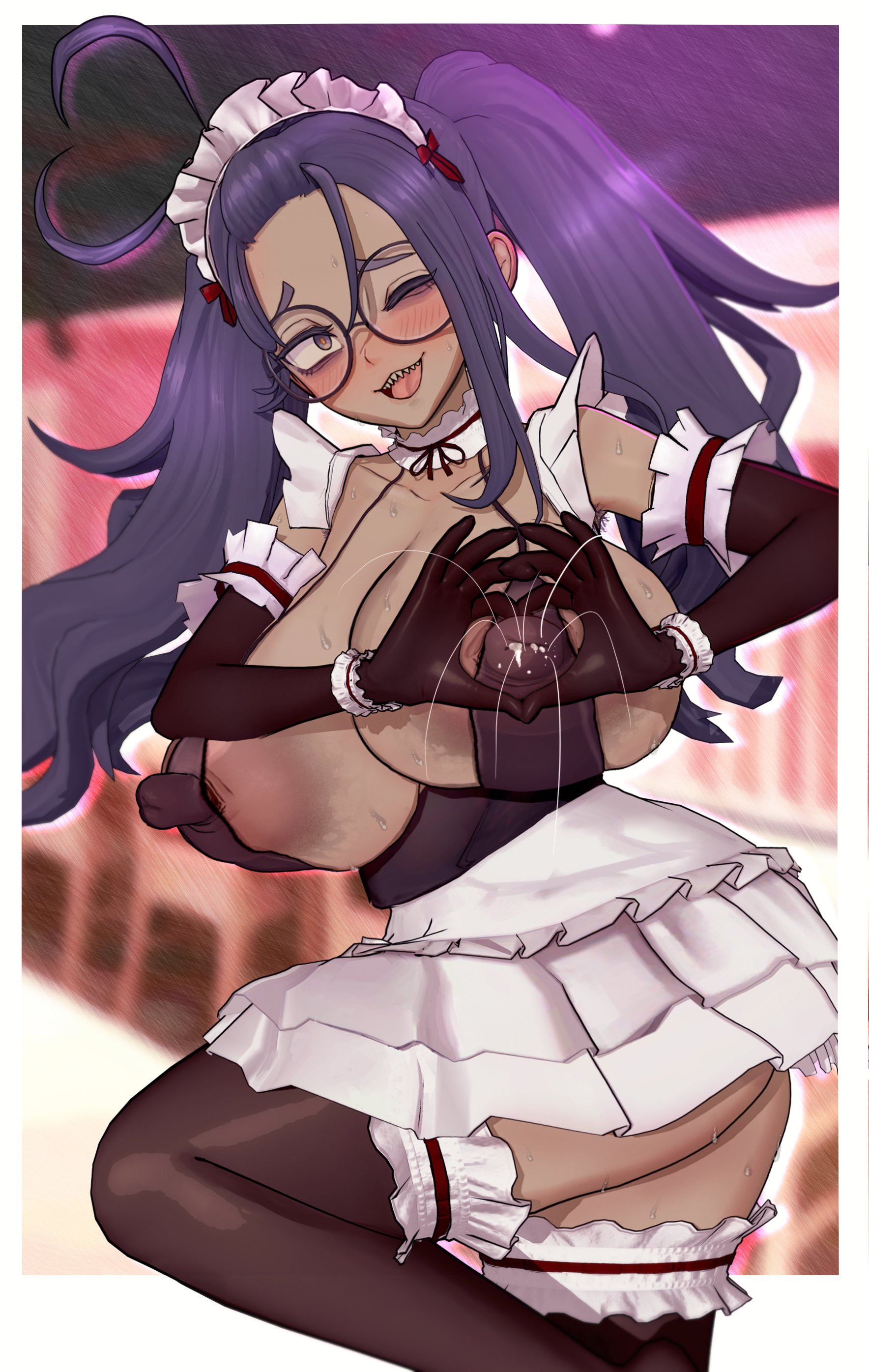 1girls, absurd res, ahoge, armpit hair, artist girl, big areola, big breasts, blush, breasts, erect nipples, eye bags, female, female only, glasses, hair antennae, hair ornament, hairy, hairy armpits, heart ahoge, heart symbol, hi res, hybrid artstyle, indie virtual youtuber, large breasts, maid, maid headdress, maid outfit, maid uniform, navel, neet, nipples, pikat (character), purple hair, sharp teeth, sickky, solo, textless, textless version, uncensored, virtual youtuber, vtuber, wink, yellow eyes