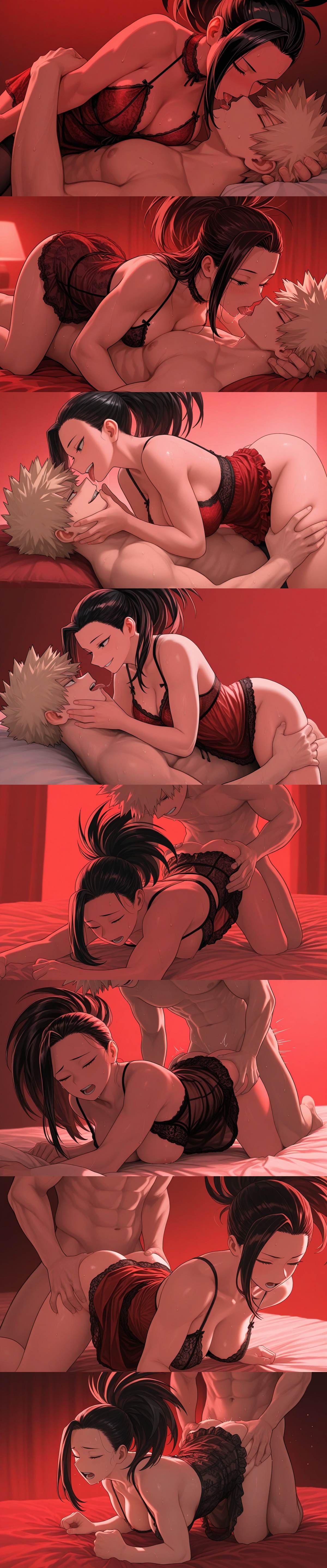 1boy, 1boy1girl, 1girls, abs, ai generated, areolae, ass cleavage, ass crack, ass grab, ass peek, ass up, black eyes, black hair, black-haired female, blonde hair, blonde-haired male, breasts, breasts out, cowgirl position, cuddling, curvy, curvy female, doggy style, female on top, french kissing, half naked, hand on thigh, hands on ass, hands on hips, hands on thighs, katsuki bakugou, kissing, lingerie, making out, male/female, momo yaoyorozu, multiple images, muscular, muscular male, my hero academia, naked male, naked male with half naked female, nipples, on bed, open mouth, ponytail, red eyes, saliva, saliva string, saliva trail, sex from behind, spiky hair, straight, straight sex, sweat, sweating, sweaty body, tongue, tongue kiss, tongue out, underwear, vaginal penetration, vaginal sex