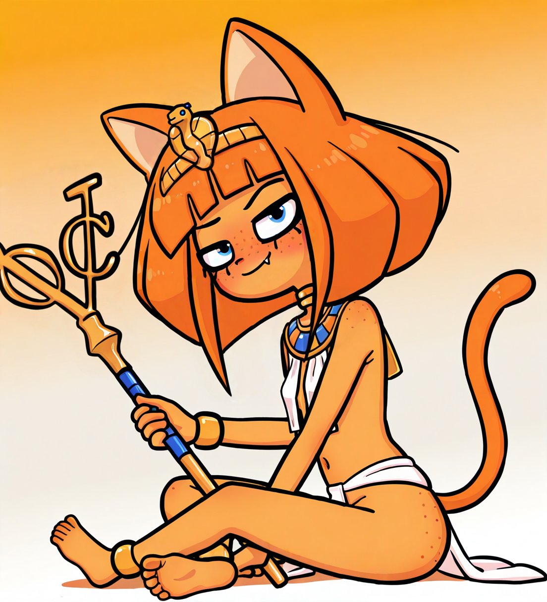 1girls, ai generated, alternate costume, belly, belly button, blue eyes, bob cut, cat ears, cat tail, catgirl, contact lens, costume, cute fang, dutch east india company, dyed hair, egyptian, egyptian clothes, feet, freckles on ass, freckles on face, freckles on shoulders, half-closed eyes, japanese female, looking at viewer, looking back, looking back at viewer, medium hair, midriff, mymy schoppenboer, ongezellig, orange hair, orange skin, raised eyebrow, raised tail, skinny, small breasts, smile, soles, staff, stomach, thin female, tummy