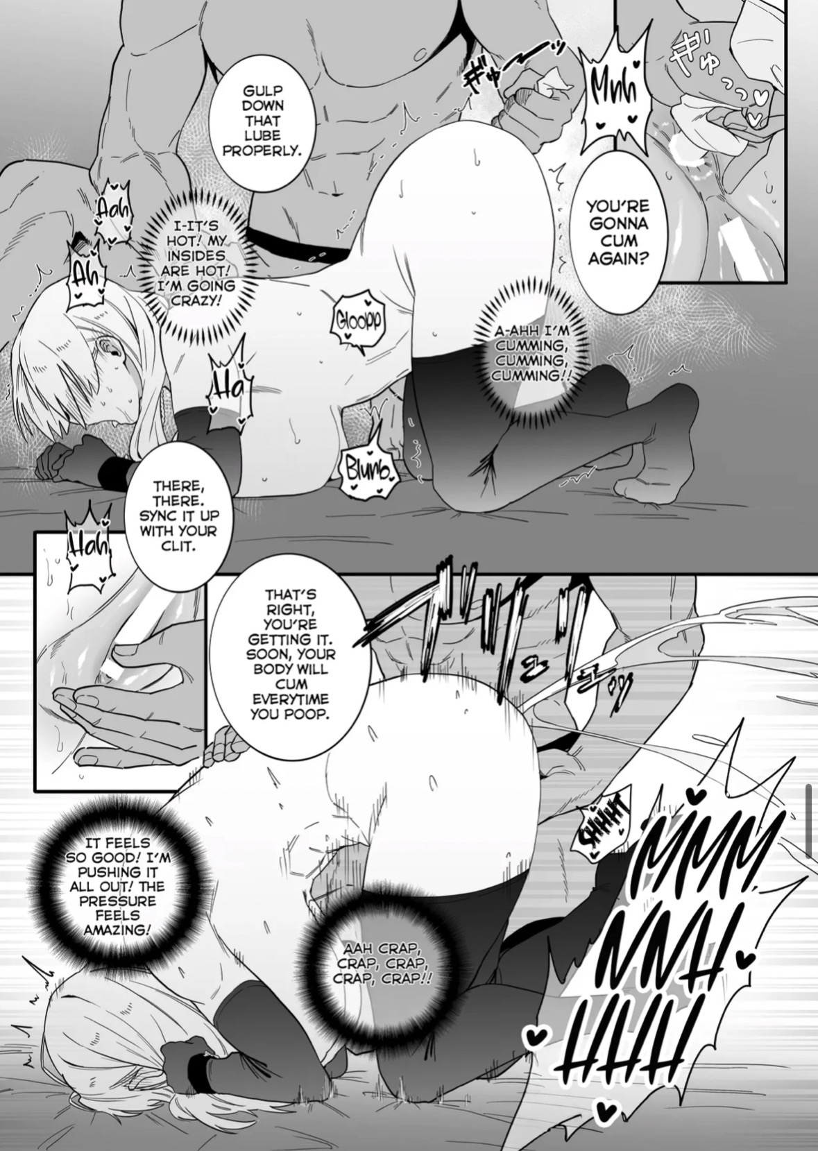 anal insertion, big breasts, breast grab, breasts out, comic, comic page, comic panel, lube, moaning in pleasure, muscular male, nipple play, pussy, recovering, rubbing pussy, stockings, thrusting, unnamed character, yuki tsukumo