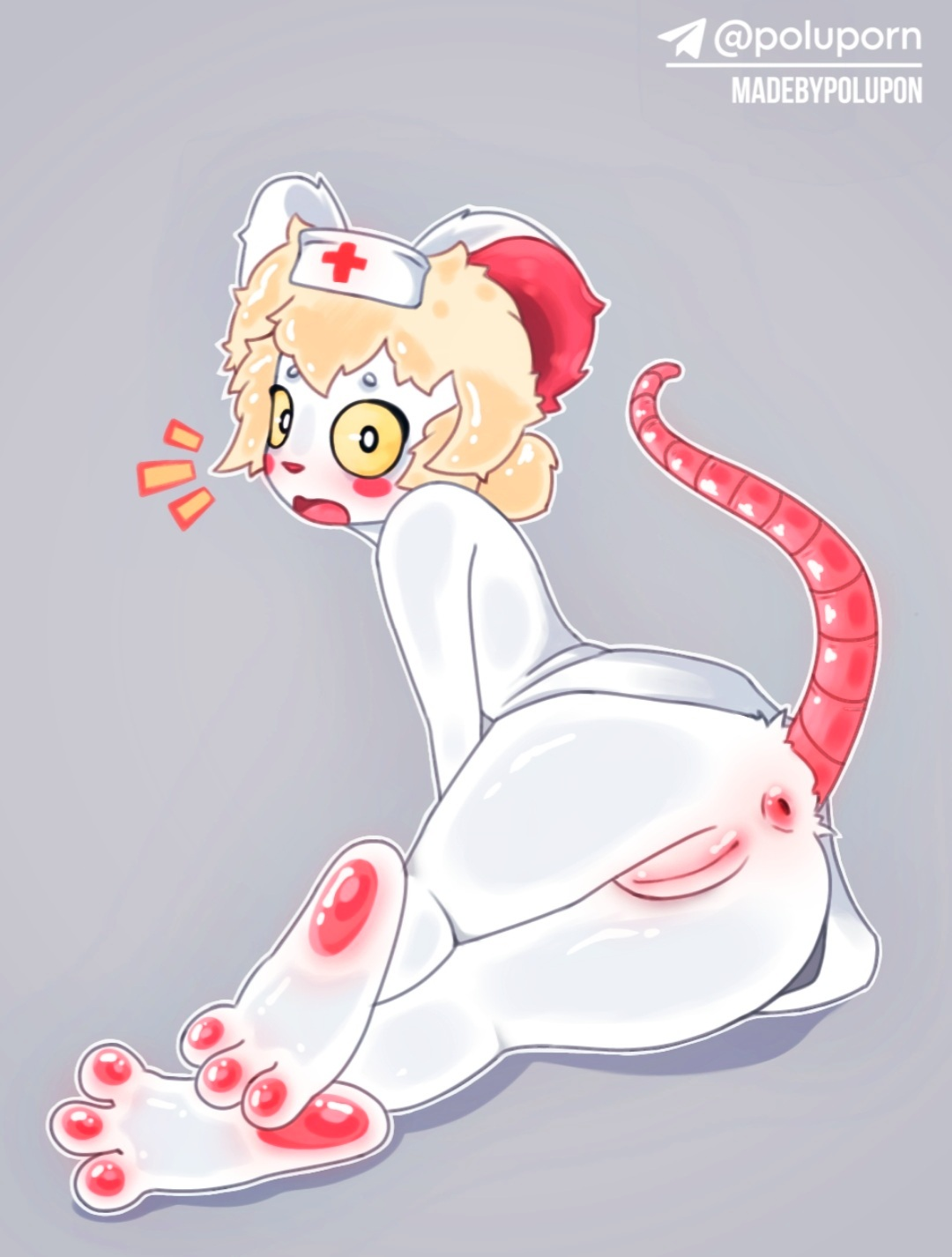 anus, blonde hair, blush, lorna (terrible mouse), mouse ears, mouse girl, mouse tail, nurse cap, paws, polupon, pussy, shocked expression, tagme, terrible mouse