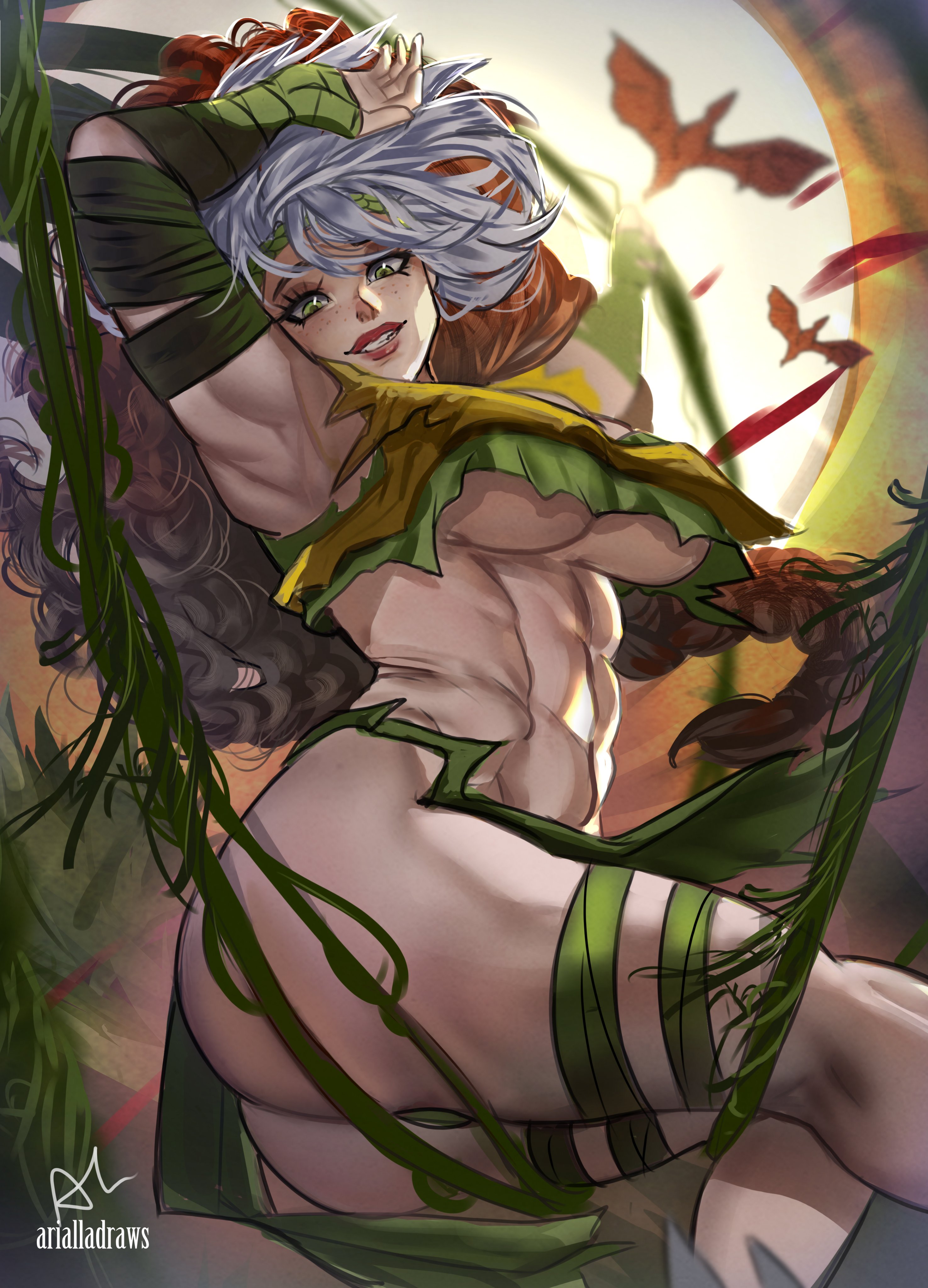 1girls, 2d, abs, absurdres, arialla draws, ass, breasts, brown hair, cave girl, cavegirl, cavewoman, commentary, english commentary, female, female only, gloves, green eyes, green gloves, green headband, headband, highres, jewelry, jungle, jungle girl, large breasts, loincloth, long hair, looking at viewer, marvel, marvel rivals, multicolored hair, navel, necklace, official alternate costume, rogue (savage land), rogue (x-men), savage land, solo, torn clothes, tribal, two-tone hair, underwear, white hair, x-men