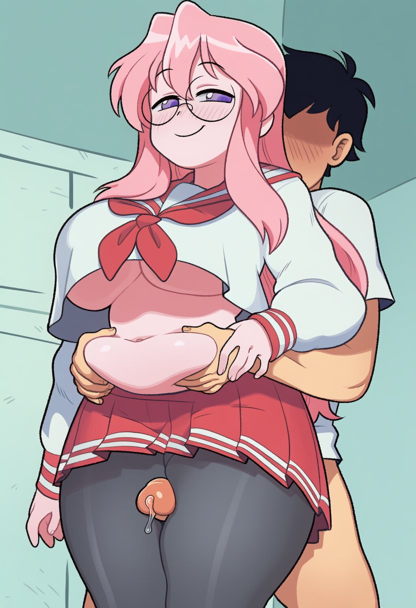 1boy, 1girls, ai art, ai generated, artist request, big breasts, breasts, chubby, chubby female, embarrassed, embarrassed female, female, glass, glasses, grabbing another's belly, grabbing belly, huge breasts, long hair, lucky star, mature, miyuki takara, penis between legs, penis between thighs, pink hair, purple eyes, pussy, school uniform, schoolgirl, schoolgirl uniform, thick thighs, thigh highs, thigh sex, thighhighs, thighs, unseen male face, voluptuous, voluptuous body, voluptuous female