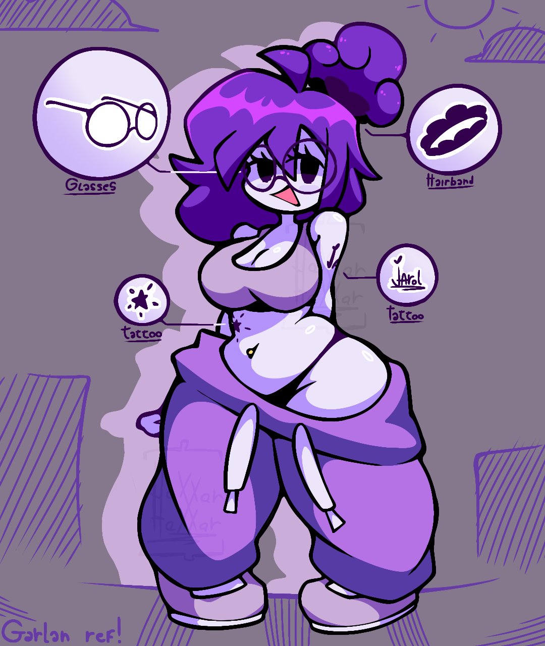 1girls, baggy pants, breasts, circular glasses, female, female only, garlan (haxxar), haxxar, oc, original character, purple hair, sagging pants, tagme, tagme (character), thighs