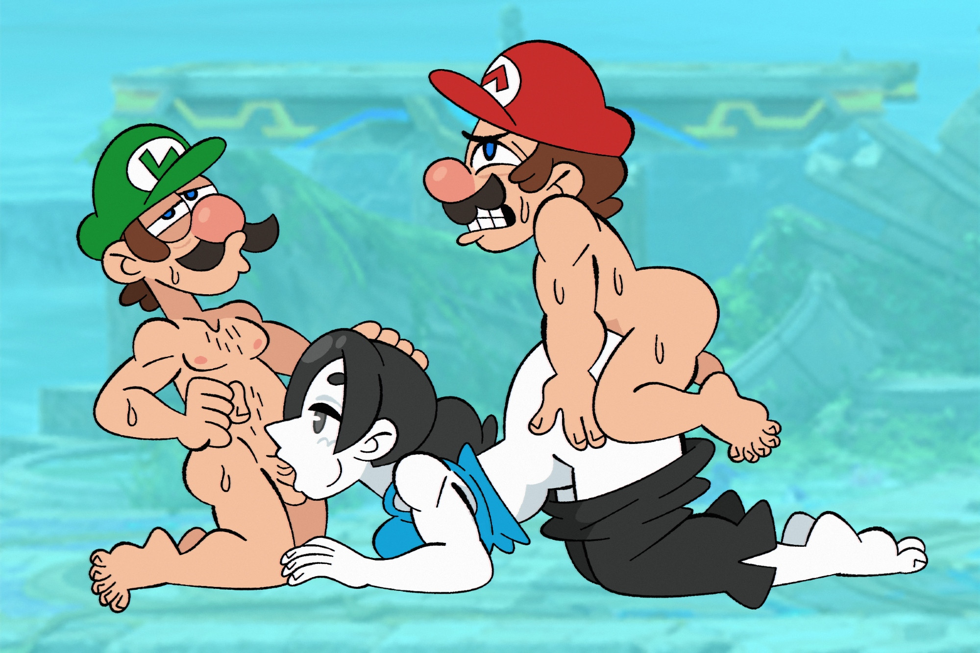 1girls, 2boys, ass grab, battlefield, billspooks, black hair, black pants, blue crop top, blue eyes, brown hair, clothing, crossover, doggy style, erection, facial hair, feet, fellatio, female, gadzooks, genitals, green hat, hands on ass, hat, human, humanoid, interspecies, light skin, light-skinned male, luigi, male, male/female, male/male/female, mario, mario (series), mature, mature female, mature male, moustache, nintendo, nude, nude male, oral, pants, pants down, penis, penis in mouth, penis in pussy, red hat, sex, spitroast, straight, straight sex, super smash bros., super smash bros. ultimate, sweat, sweating, teeth, threesome, white skin, wii fit, wii fit trainer, wii fit trainer (female)