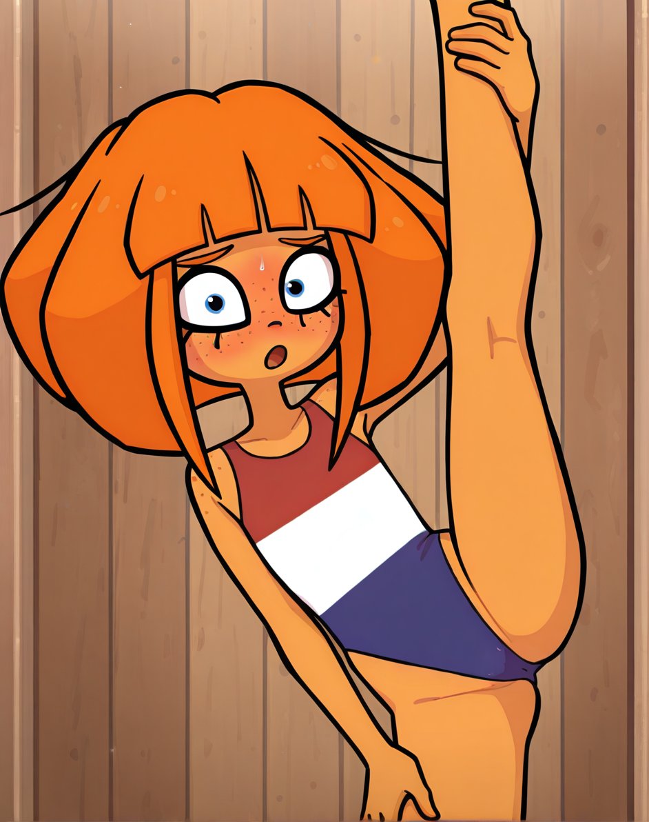 :o, 1girls, accurate art style, accurate body type, accurate proportions, ai generated, blue eyes, blush, blushing at viewer, bob cut, contact lens, dutch flag, dyed hair, flat chest, freckles on face, freckles on shoulders, japanese female, legs apart, legs up, looking at viewer, medium hair, mymy schoppenboer, ongezellig, orange hair, orange skin, skinny, skinny female, splits, sweatdrop, thin female