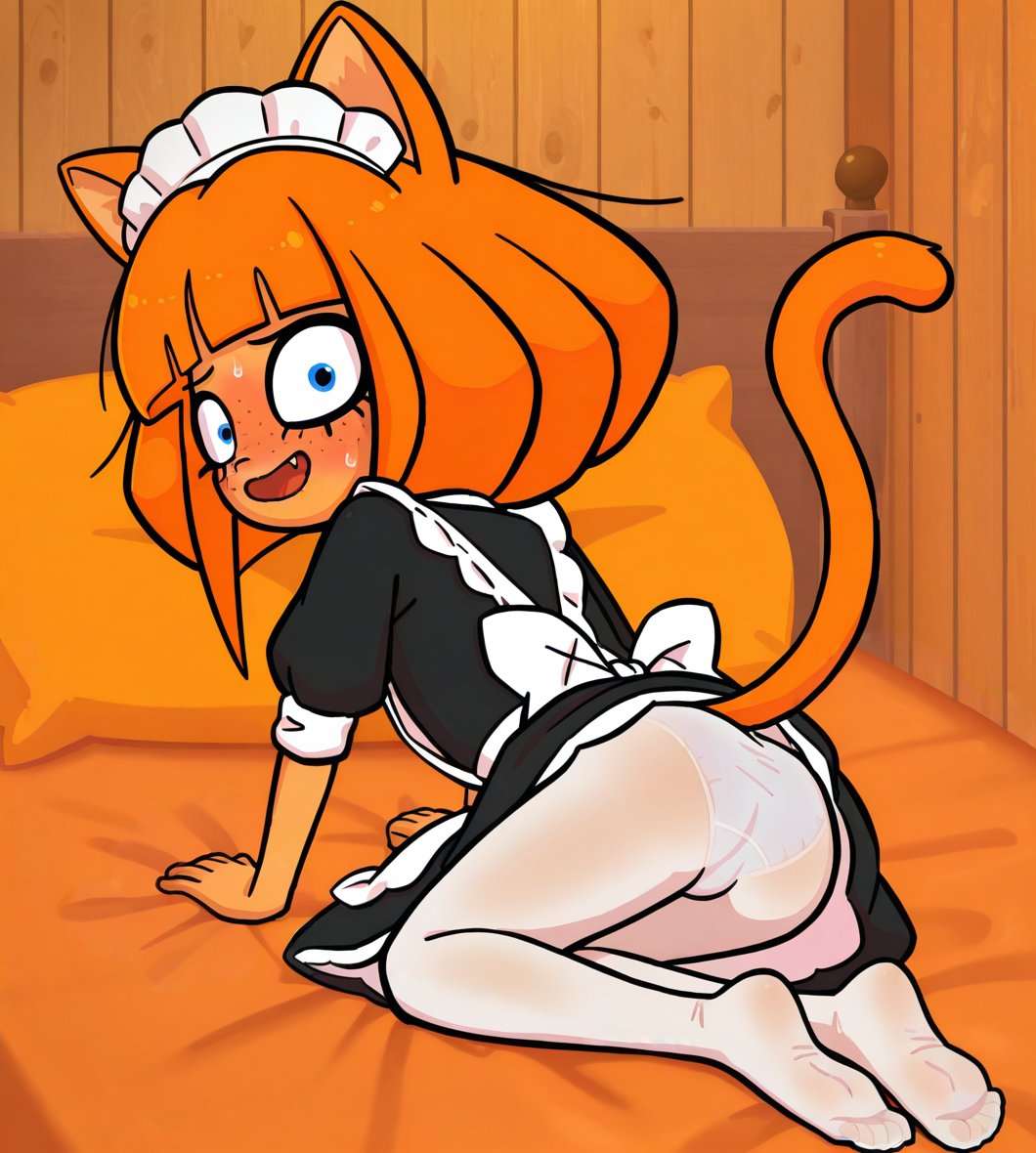 ai generated, ass, ass focus, blue panties, butt focus, cat ears, cat tail, looking at viewer, looking back, looking back at viewer, maid, maid uniform, mymy schoppenboer, ongezellig, panties, see-through, see-through clothing, tights