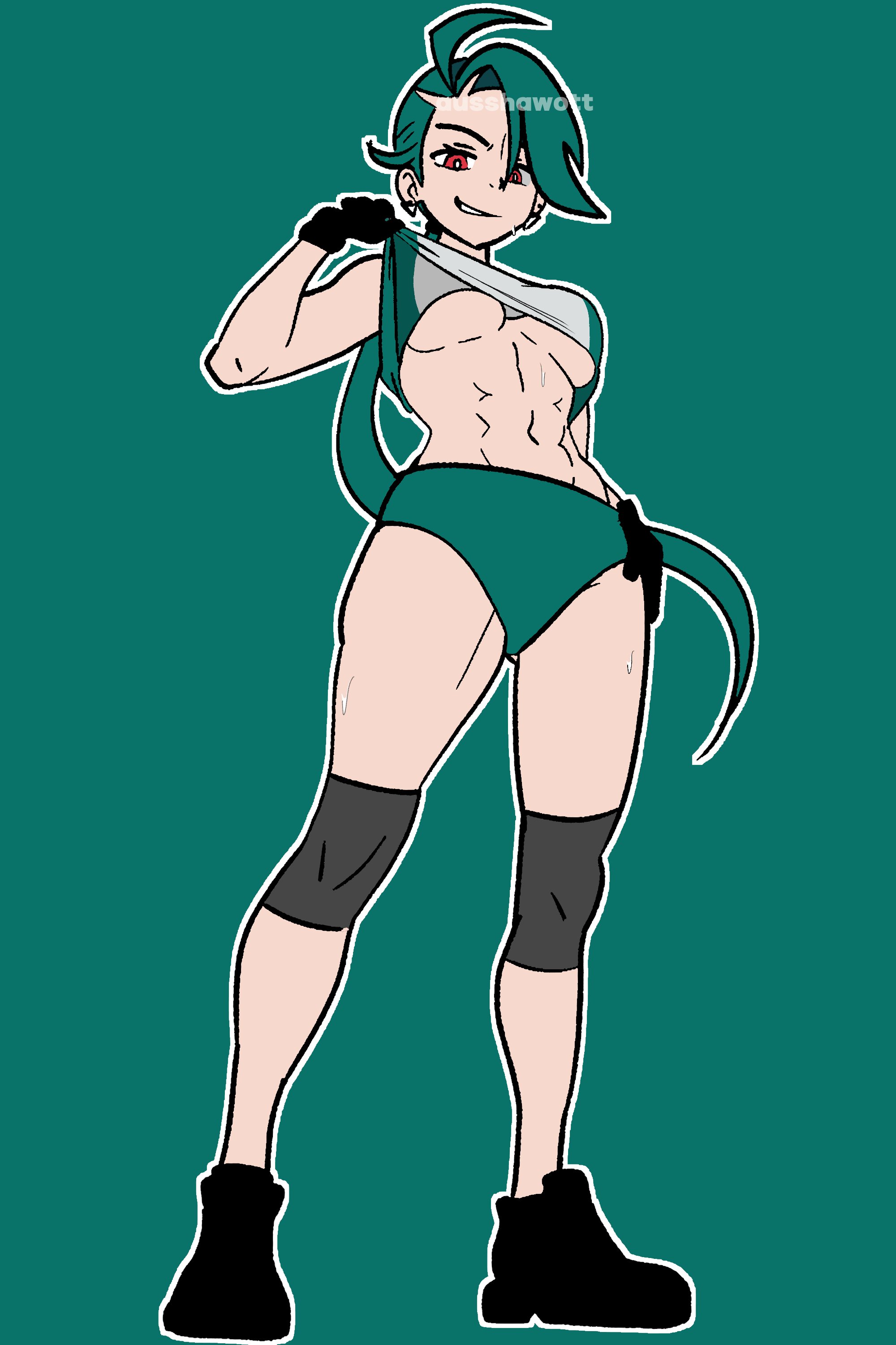 1girls, abs, ausshawott, aussy, clothed, clothed female, elite four, female, female only, game freak, green hair, grin, grinning, grinning at viewer, gym clothes, lifting shirt, looking at viewer, looking down at viewer, muscular, muscular female, nintendo, pokemon, pokemon sv, pokemon trainer, rika (pokemon), saucy aussy, solo, solo female, turquoise hair, underboob
