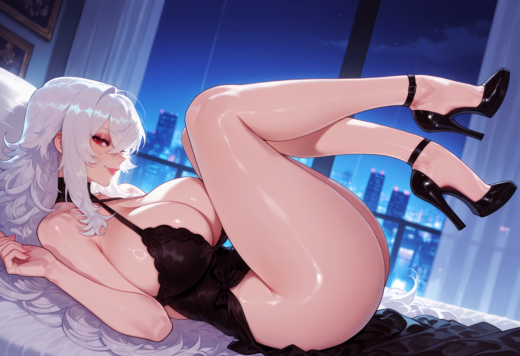 1girl, 1girls, ai generated, ass, azur lane, balecxi, bare shoulders, bed, bedroom, black dress, black footwear, breasts, choker, cityscape, cleavage, clothing, curvaceous, curvaceous female, curvaceous figure, curvy, curvy figure, dress, evening gown, female, female focus, from side, full body, graf zeppelin (azur lane), halterneck, high heels, huge breasts, indoors, inviting, inviting to sex, large breasts, legs, legs up, long hair, looking at viewer, lying, messy hair, night, nightgown, no panties, official alternate costume, on back, on bed, pillow, presenting, presenting ass, presenting breasts, presenting hindquarters, presenting self, red eyes, seductive, seductive look, seductive smile, shoes, sky, sleeveless, smile, solo, stiletto heels, strappy heels, thick thighs, thighs, very long hair, voluptuous, voluptuous female, white hair, window