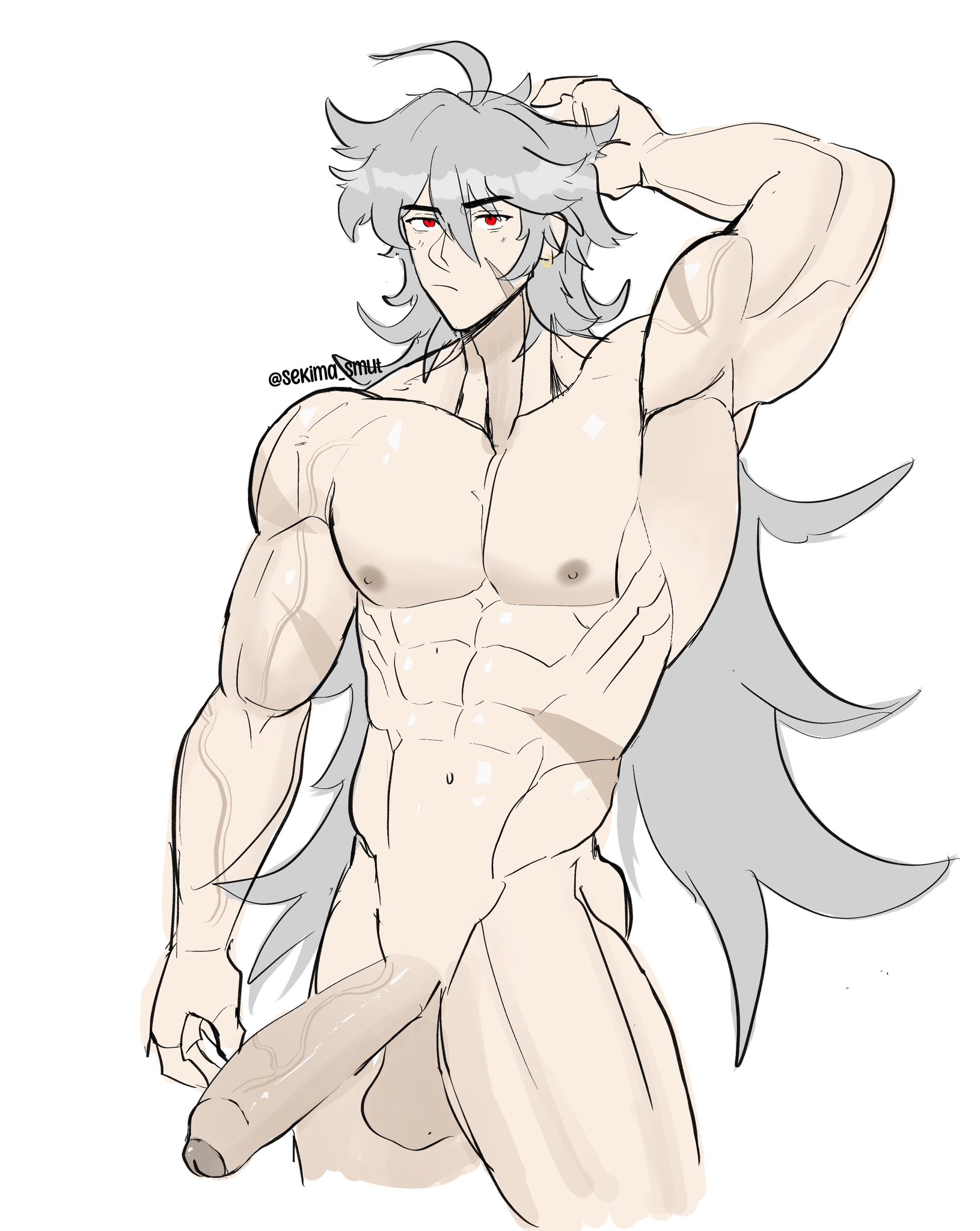 genshin impact, hoyoverse, male only, muscular, naked, razor (genshin impact), scars