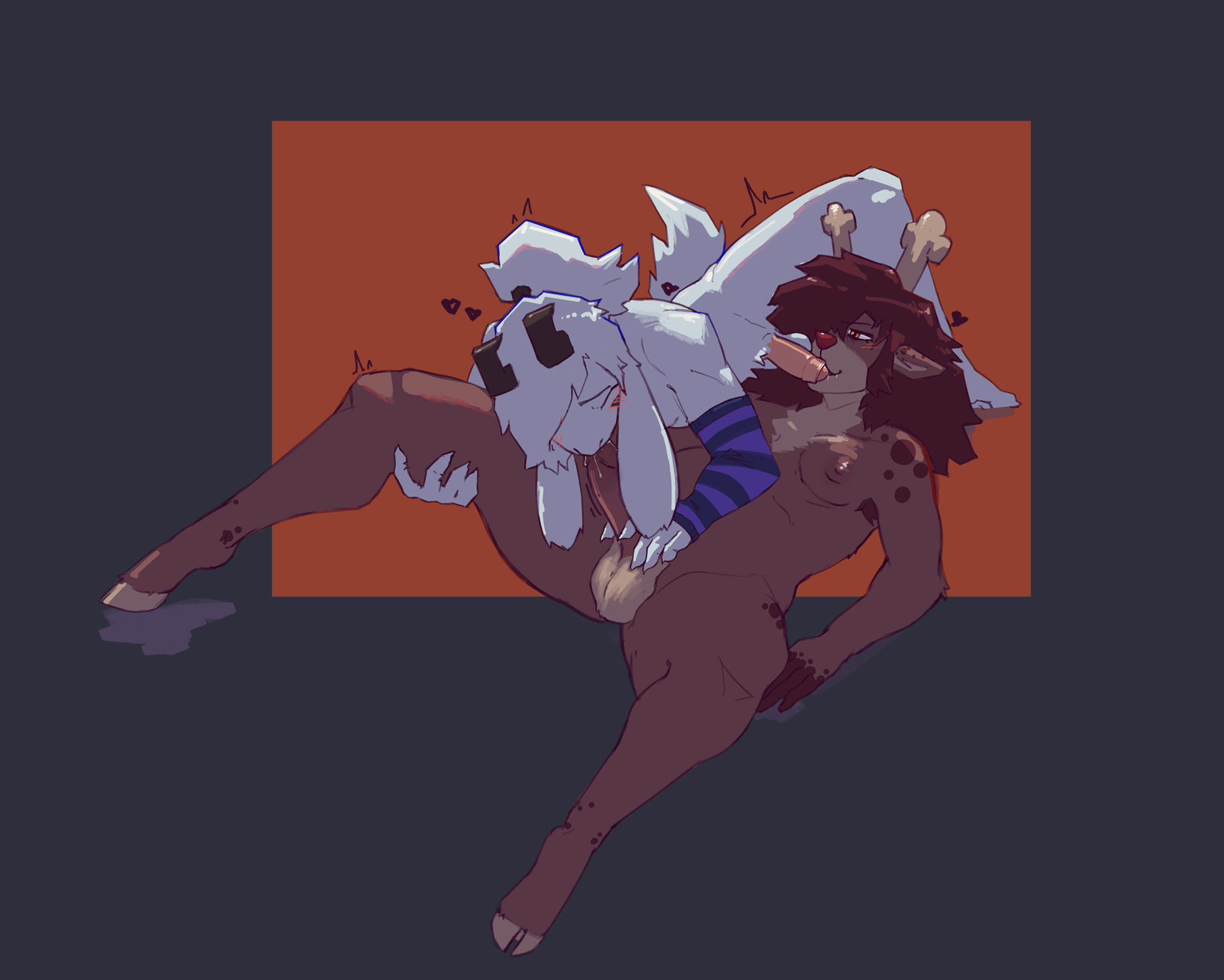 1boy, 1futa, anthro, antlers, arino, asriel dreemurr, balls, blush, blush lines, bodily fluids, brown body, brown fur, brown hair, deer, deltarune, dess holiday, duo, fellatio, female, futanari, genitals, goat, horn, male, male/female, mutual fellatio, mutual oral, nude, oral, ponytail, red nose, reindeer, sex, simple background, undertale, undertale (series), white body, white fur