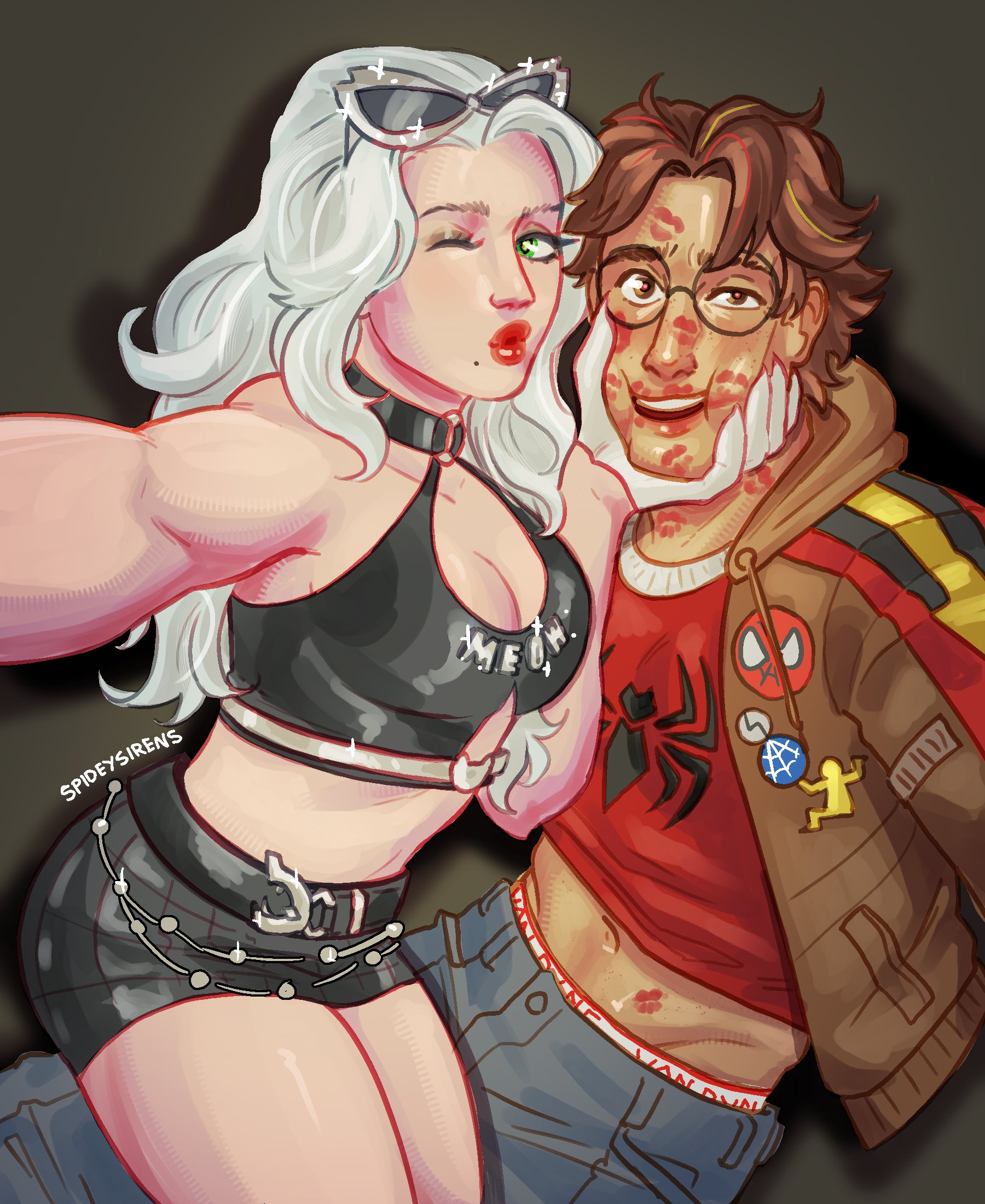 1boy, 1boy1girl, 1girl1boy, 1girls, 2026, 2d, after kiss, big breasts, black cat (marvel rivals), black cat (marvel), black cat (urban predator), breasts, brown eyes, brown hair, color, colored, couple, couple (romantic), couple love, couples, curvaceous, curvaceous body, curvaceous female, curvaceous figure, curvaceous hips, curvy, curvy body, curvy female, curvy figure, curvy hips, duo, felicia hardy, female, glasses, green eyes, group photo, hips, huge breasts, large breasts, light skin, light-skinned female, lipstick mark, lipstick mark on face, lipstick marks, looking at viewer, love, lovers, male, marvel, marvel comics, marvel rivals, massive breasts, netease games, peter parker, pinup, red lipstick, romantic, romantic couple, seductive, seductive look, selfie, spider-man, spider-man (marvel rivals), spider-man (series), spideysirens, superhero, superhero couple, superheroine, thick, thick breasts, thick hips, thick thighs, voluptuous, voluptuous female, white hair, wide hips, wink, winking at viewer