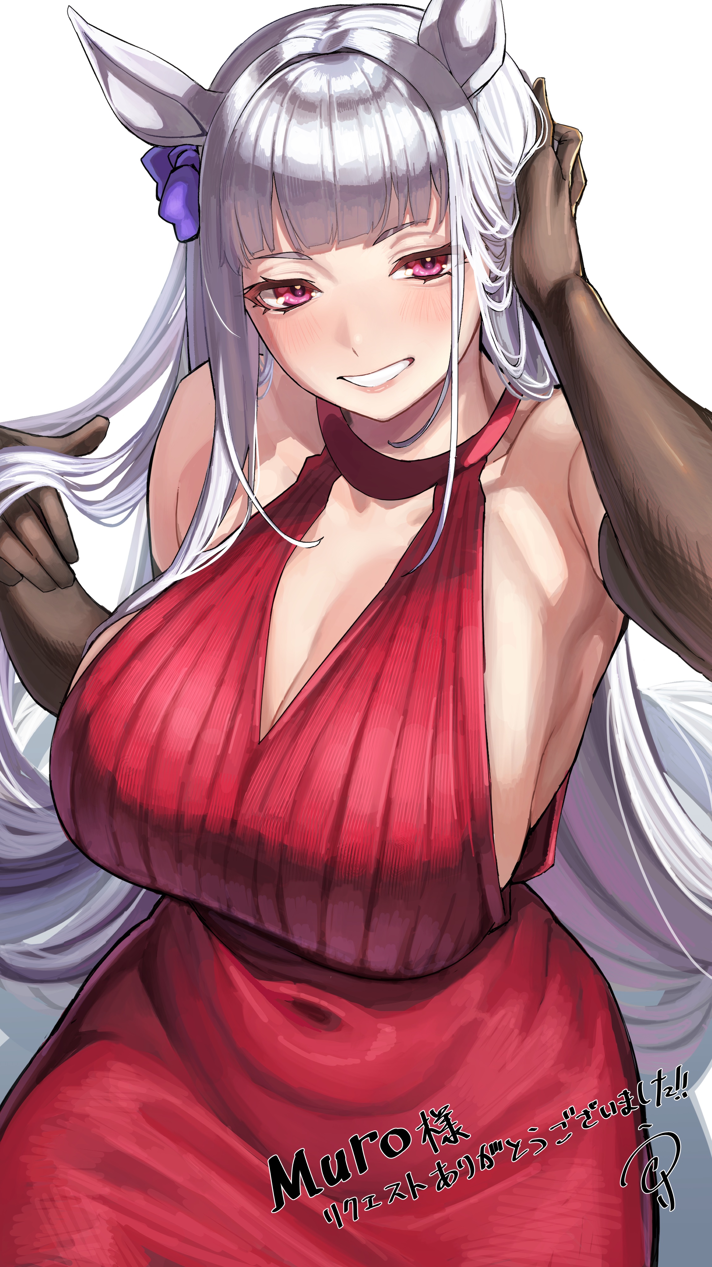 1girls, absurdres, alternate costume, animal ears, big breasts, black gloves, blush, breasts, cleavage, commentary request, commission, dress, ear ornament, elbow gloves, female, female only, gloves, gold ship (umamusume), grey tail, hair intakes, highres, horse ears, horse girl, horse tail, large breasts, long hair, looking at viewer, red dress, red eyes, simple background, skeb commission, sleeveless, sleeveless dress, smile, solo, tail, umamusume, utsuke (u tuk e), white background