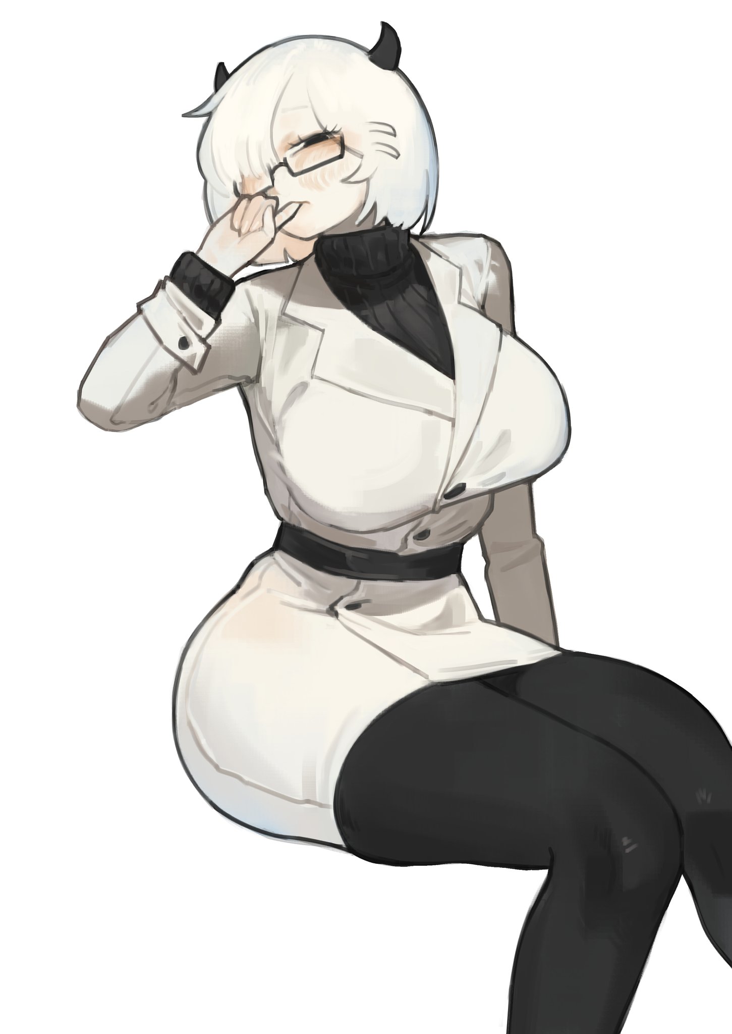 2d, bangs, big breasts, black glasses, black turtleneck, bob cut, clothed, finger in mouth, fully clothed, miaojiangyou, oc, sitting, small horns, thighs, well endowed, white background, white coat, white hair