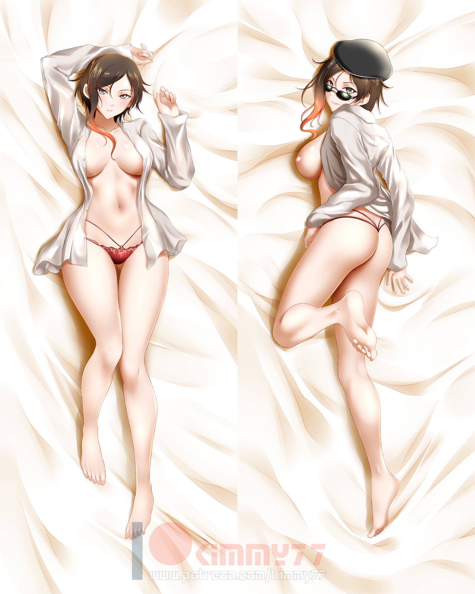 1girls, areolae, ass, ass cleavage, ass crack, barefoot, big breasts, breasts, butt crack, cleavage, coco adel, dakimakura, feet, female, female only, kimmy77, large breasts, looking at viewer, looking over eyewear, looking over glasses, nipples, rwby, soles, solo, sunglasses, tinted eyewear, toes