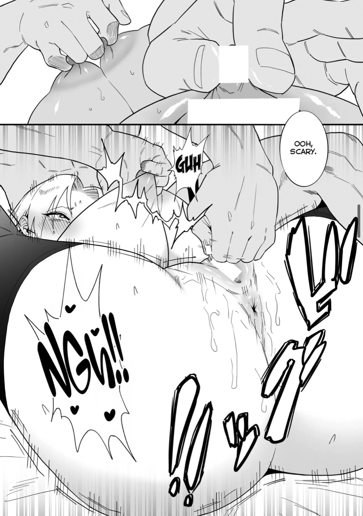 asshole, big breasts, big thighs, breast grab, breasts out, censor bar, comic, comic page, comic panel, fingering, moaning in pleasure, muscular male, nipples, playing with breasts, pussy, stockings, unnamed character, weird pose, yuki tsukumo