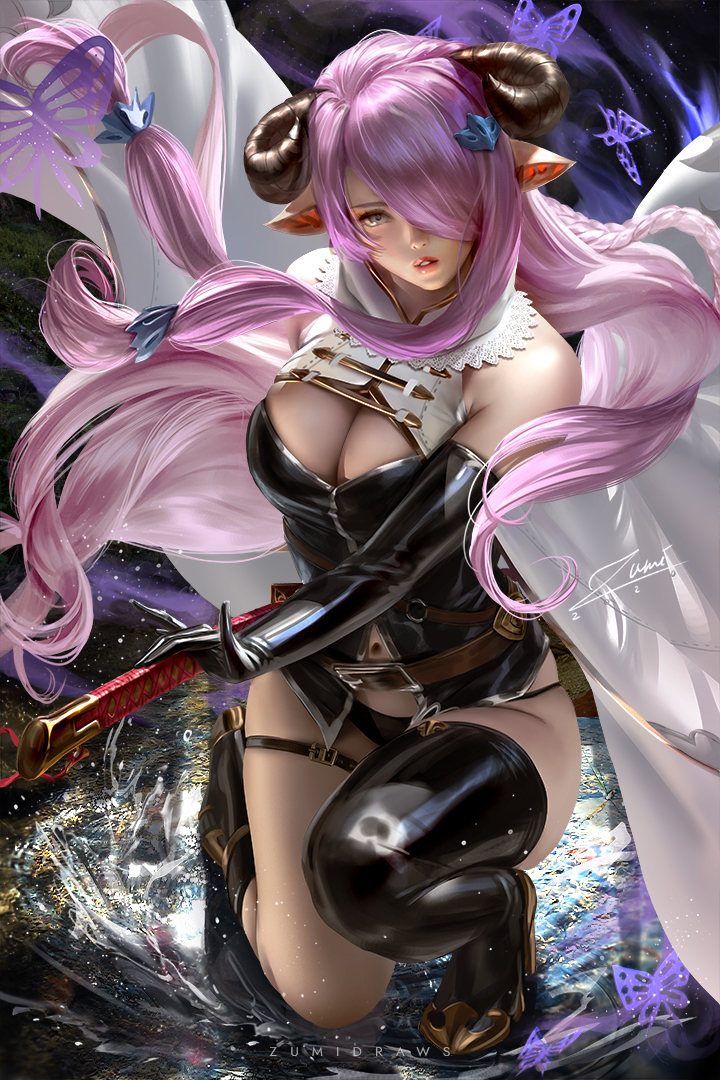 big breasts, breasts, female, female only, granblue fantasy, high heel boots, high heels, horns, long hair, narmaya (granblue fantasy), pink hair, solo, solo female, solo focus, thighhigh boots, thighhighs, zumi