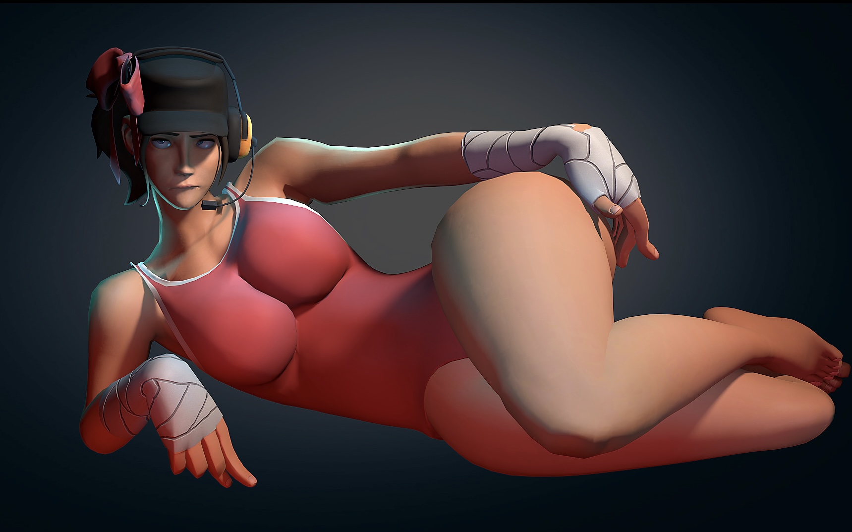 1girls, 3d, 3d (artwork), barefoot, beach outfit, bow on head, bow ribbon, breadblack, clothed, curvaceous, curvy, curvy female, curvy figure, feet, femscout, hat, headset, large breasts, laying on bed, laying on side, solo, swimwear, team fortress 2, thick thighs