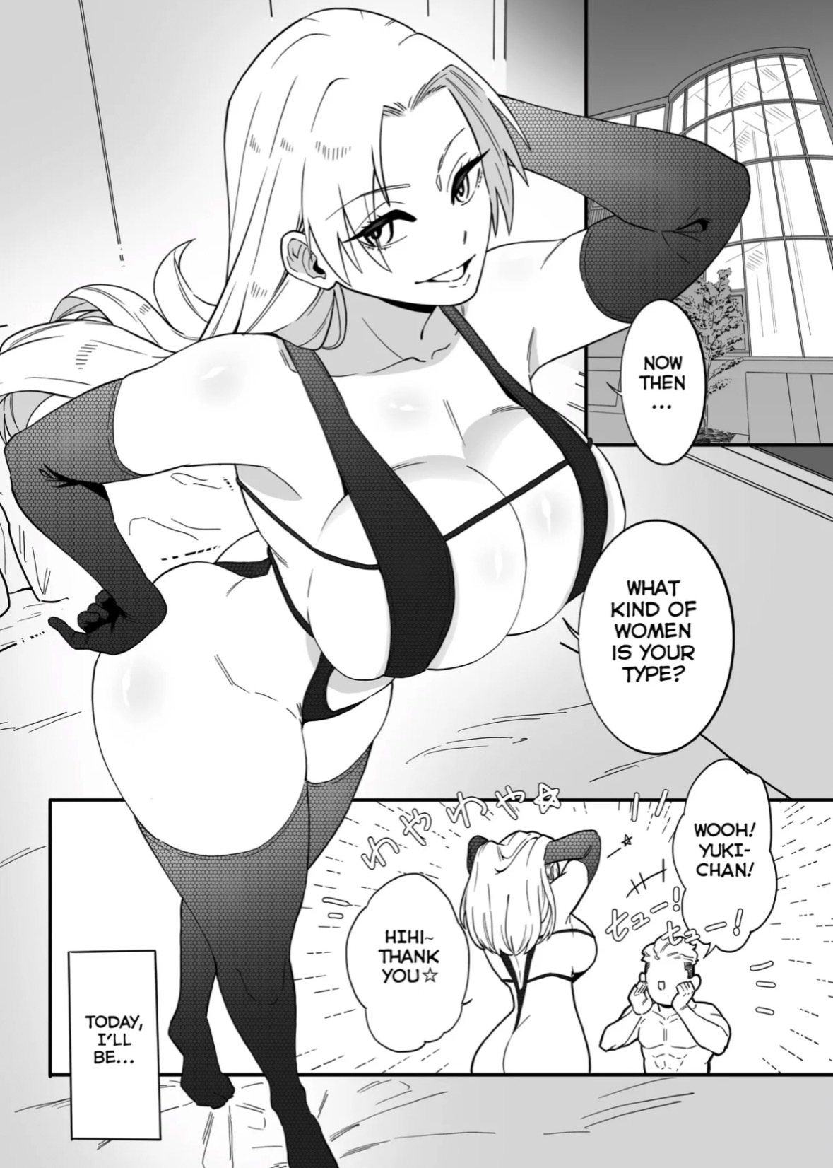 bed, big breasts, big butt, blonde female, comic, comic page, comic panel, curvy figure, impressed, lingerie, muscular male, pubic hair, stockings, teasing, thighs, unnamed character, yuki tsukumo
