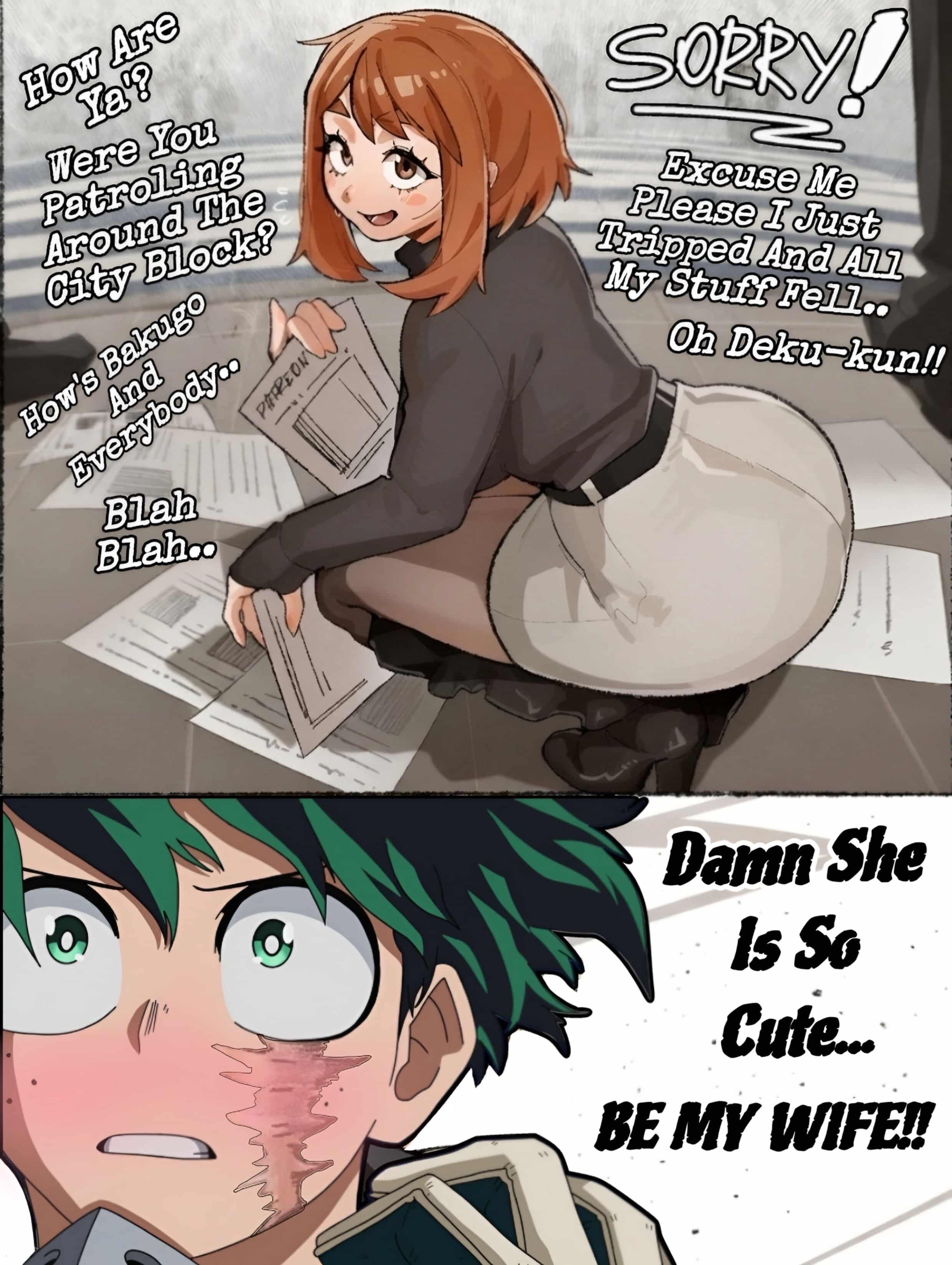 1boy, 1girls, bent over, big ass, big breasts, breasts, brown hair, brown-haired female, clothed, cringe, curvaceous, curvy, curvy figure, deku, dialogue, dress, green hair, green-haired male, izuku midoriya, midoriya izuku, my hero academia, my hero academia (finale), ochako uraraka, picking up, post-timeskip, skirt, text, thick thighs, thighs, third-party edit, uraraka ochako, voluptuous