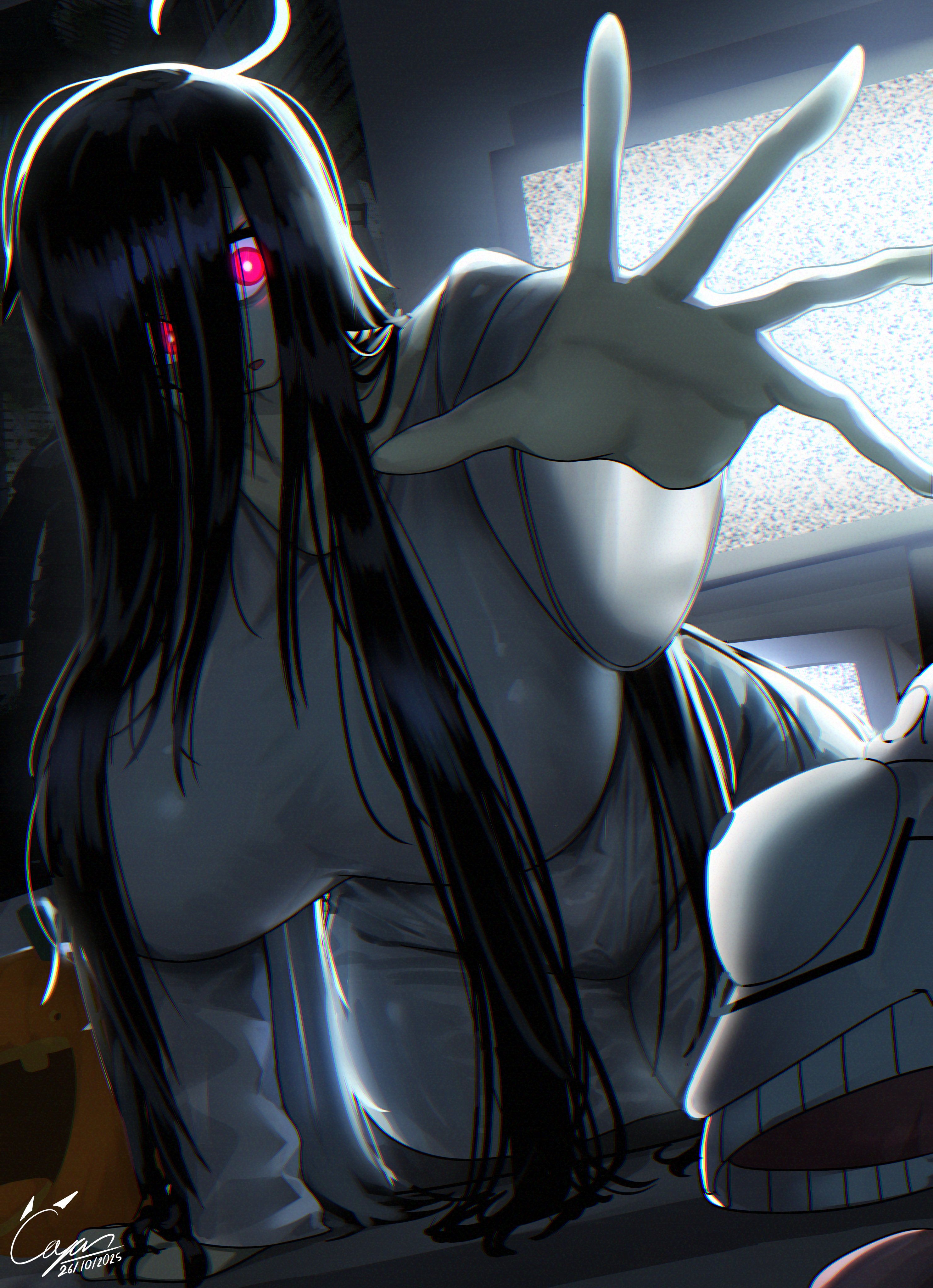 big breasts, black hair, chankhyan75, coming out of screen, coming out of tv, glowing eyes, huge breasts, massive breasts, megumi (chankhyan75), red eyes, yamamura sadako, yamamura sadako (cosplay)
