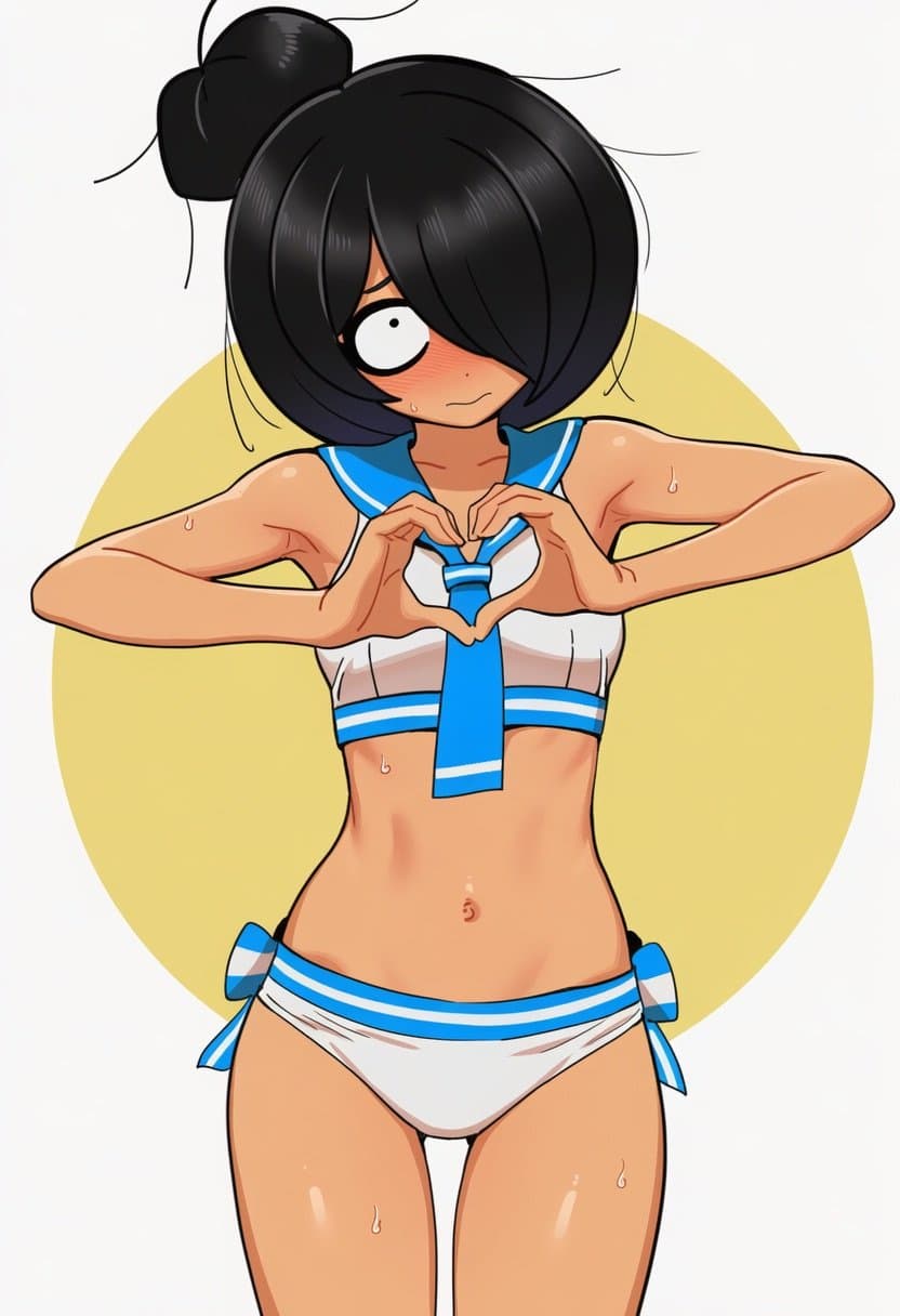 accurate body type, accurate proportions, alternate costume, bags under eyes, belly, belly button, bikini, black hair, blush, concerned, eye bags, hair bun, hair over one eye, hand heart, heart hands, looking at viewer, maya schoppenboer, medium breasts, messy hair, midriff, navel, ongezellig, sailor bikini, sailor uniform, shiny hair, southeast asian, stomach, sweat, sweating, tummy