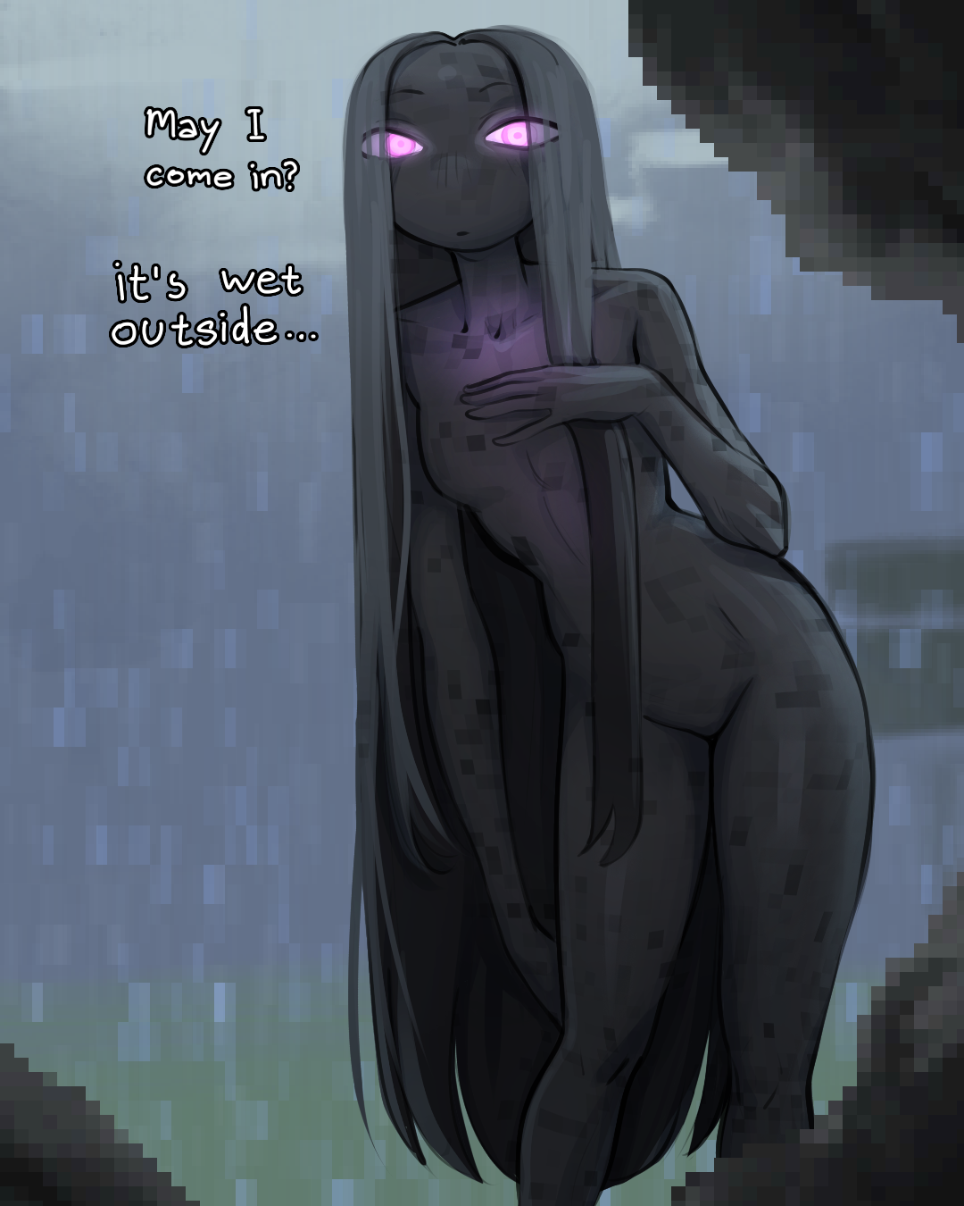 1girls, black body, black hair, enderwoman, long hair, minecraft, minecraft mob, petite body, purple eyes, small breasts, telepurte