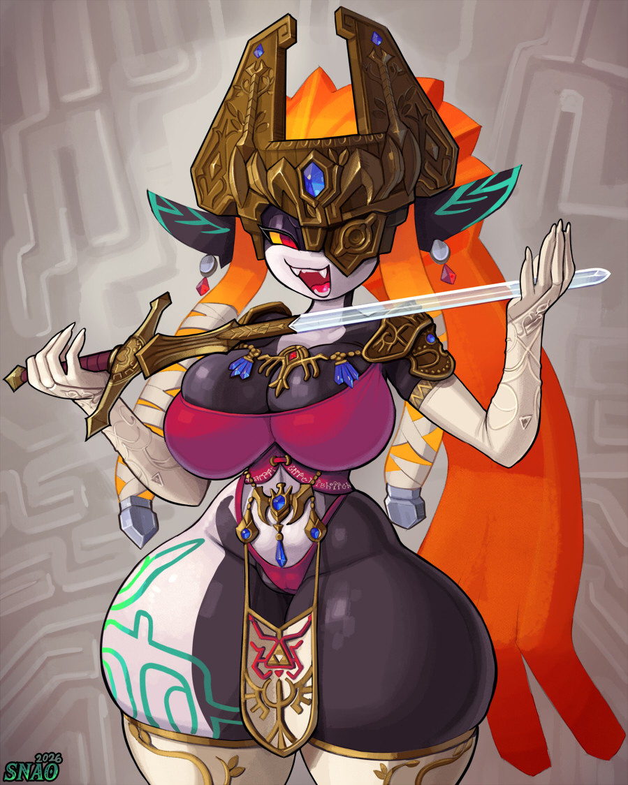 armor, big breasts, bottomwear, bra, breasts, cleavage, clothed, clothing, ear piercing, fused shadow, gloves, hair, handwear, headgear, helmet, holding melee weapon, holding object, holding sword, holding weapon, huge hips, huge thighs, humanoid, humanoid pointy ears, imp, jewelry, legwear, loincloth, looking at viewer, markings, melee weapon, midna, multicolored body, nintendo, one eye obstructed, open mouth, orange hair, piercing, pointy ears, red eyes, snao, socks, solo, sword, the legend of zelda, thick thighs, thigh highs, thong, twili, twilight princess, two tone body, underwear, weapon, wide hips, yellow sclera