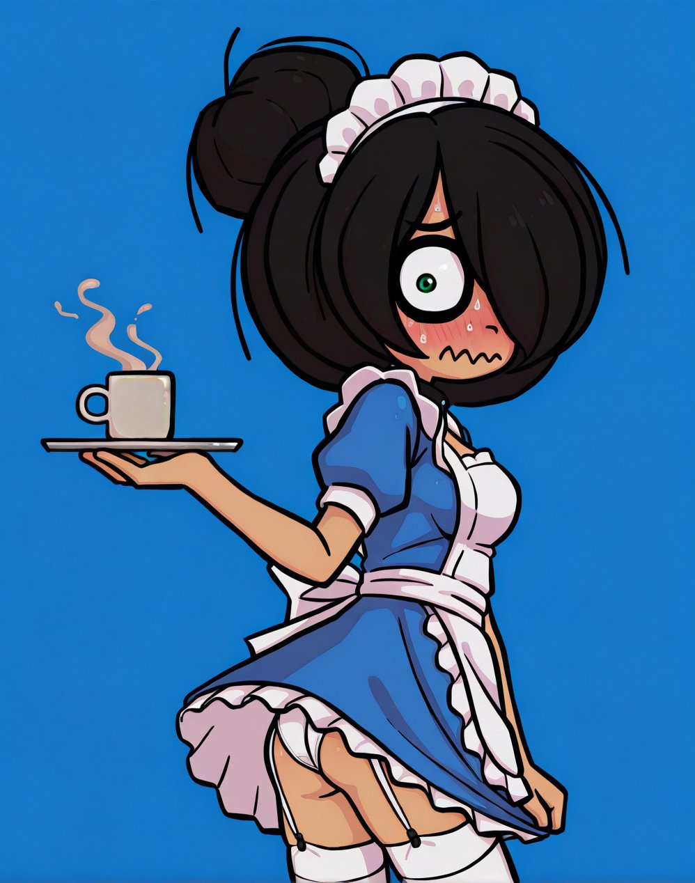 ai generated, ass, looking at viewer, looking back, looking back at viewer, maid, maid headdress, maid outfit, maid uniform, maya schoppenboer, ongezellig, panties, pulling skirt, white panties